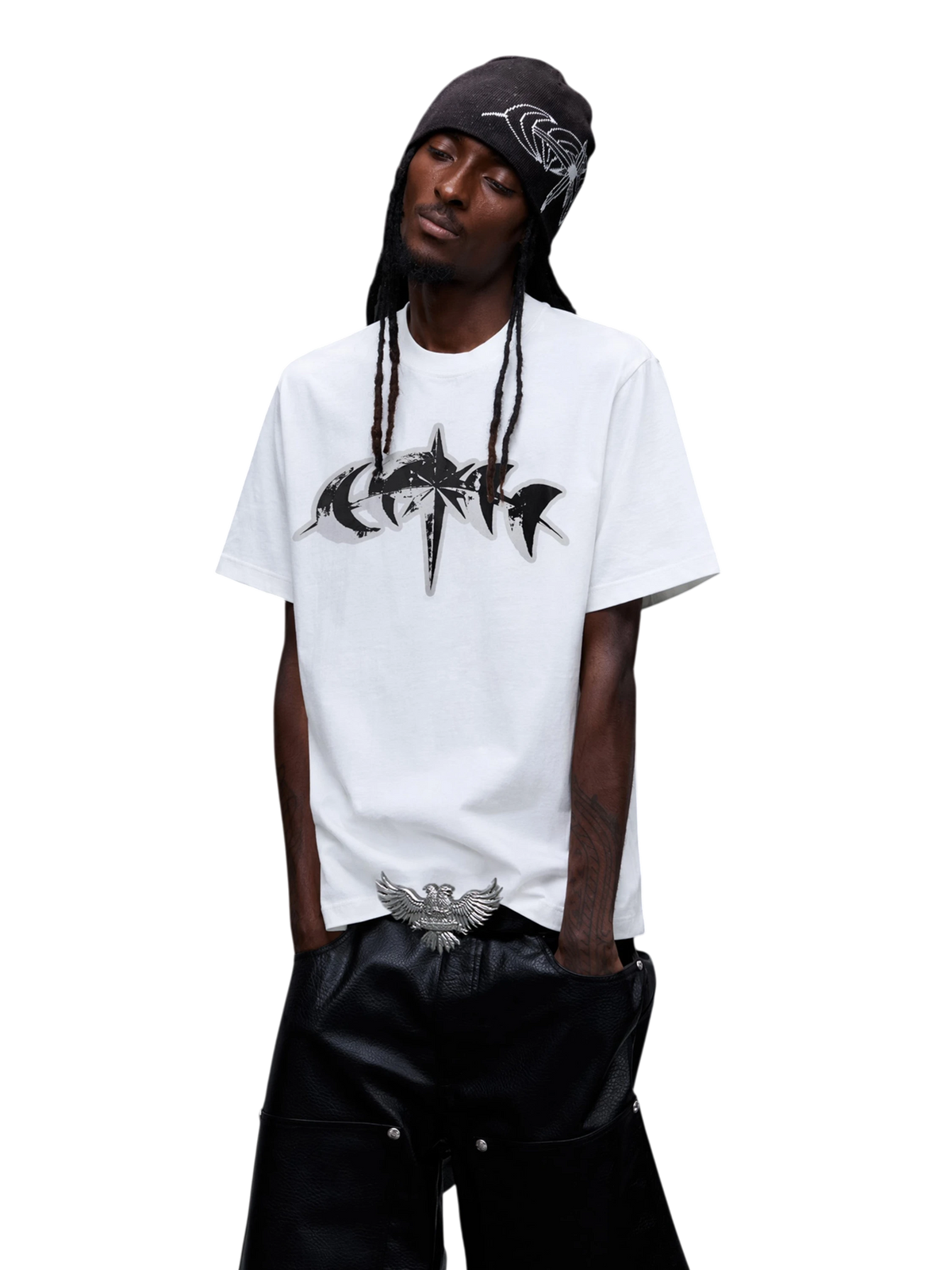 Front view of the relaxed white 3M reflective graphic T-shirt on model