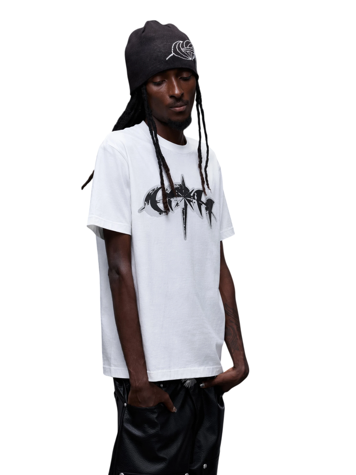 Model wearing the white reflective star graphic T-shirt in a side view