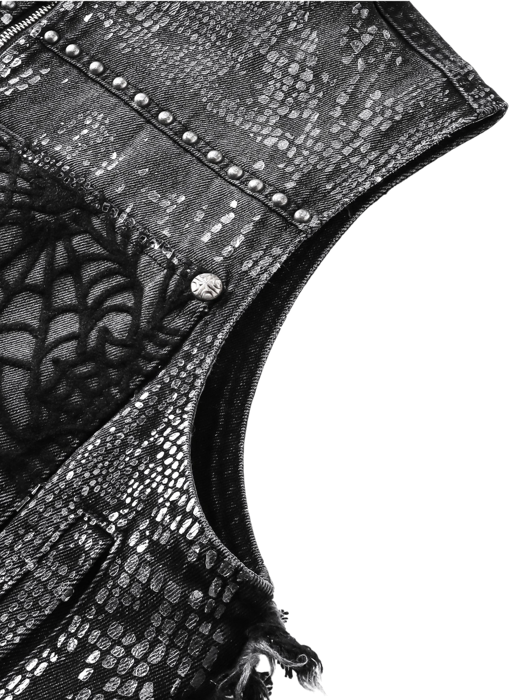 TBHNP Luminous Dawn cobweb distressed denim vest — men's streetwear vest