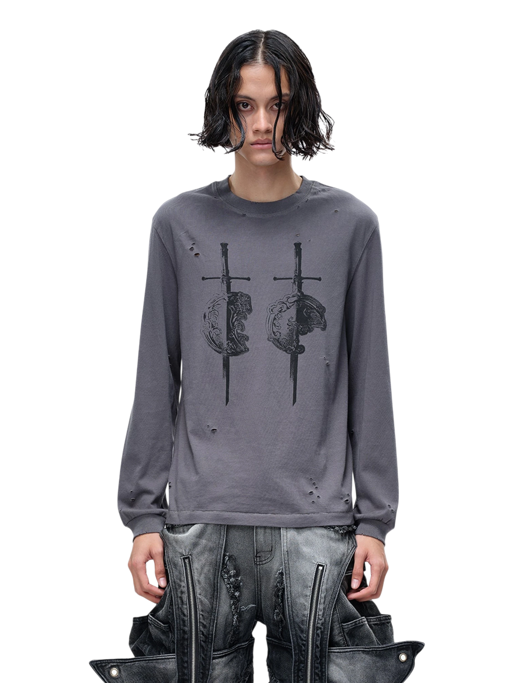 TBHNP Luminous Dawn distressed sword and shield print long-sleeve cotton t-shirt — men's streetwear long sleeve tee