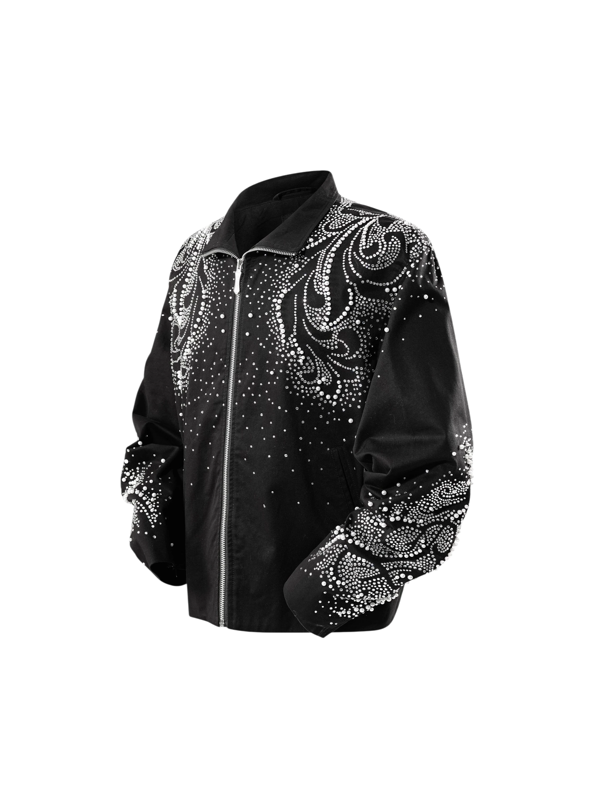 TBHNP Luminous Dawn pearl rhinestone cotton zip jacket, black — men's streetwear jacket