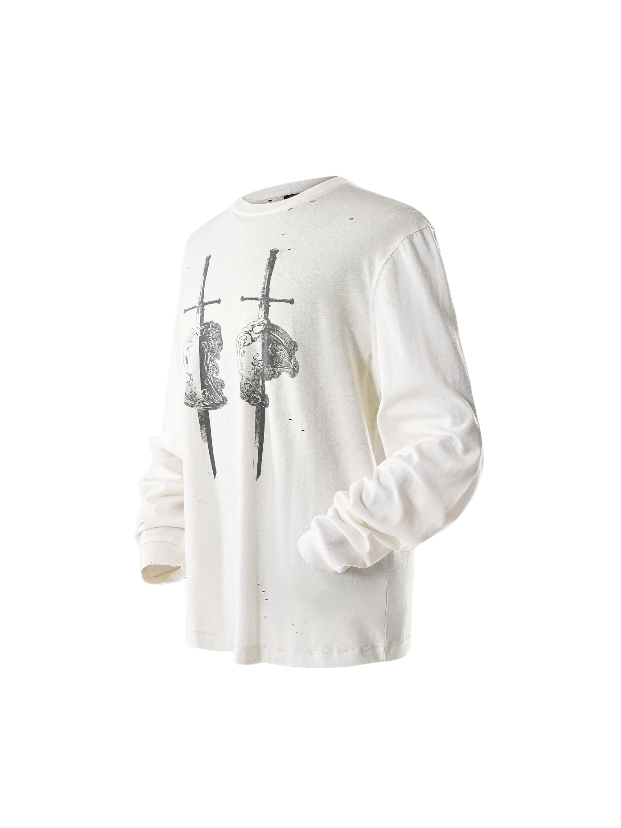 TBHNP Luminous Dawn distressed sword and shield print long-sleeve cotton t-shirt — men's streetwear long sleeve tee