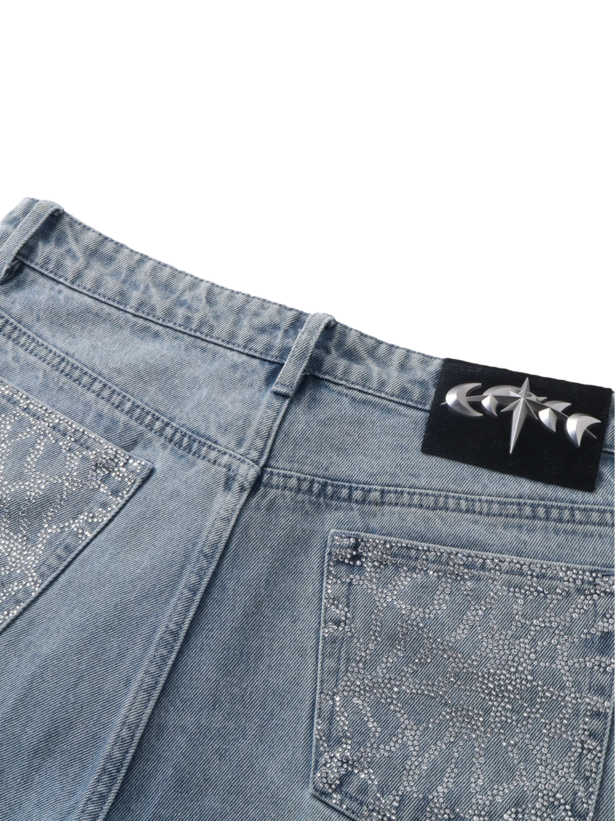 TBHNP Luminous Dawn gradient rhinestone wide-leg jeans, blue — men's streetwear denim
