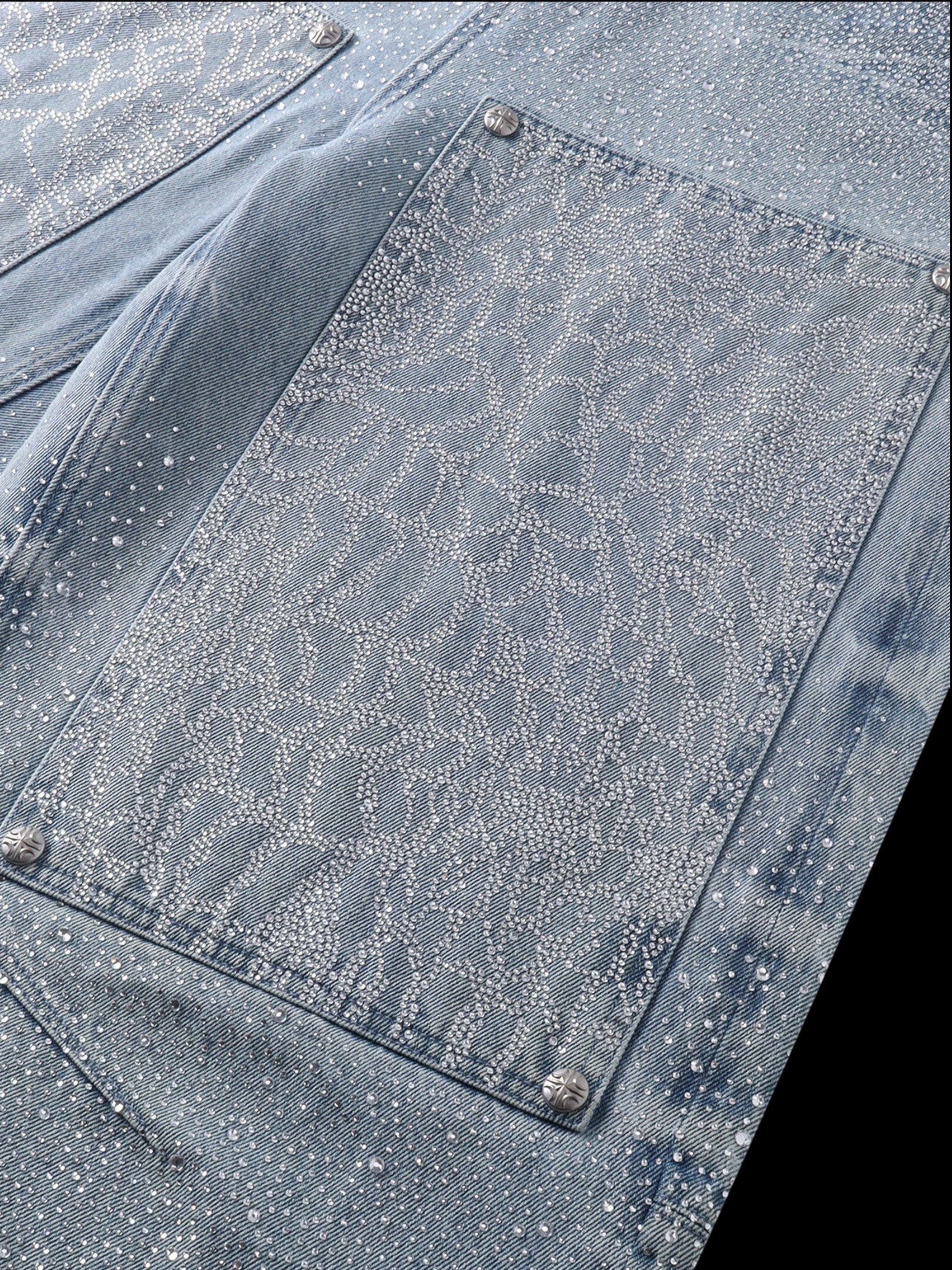 TBHNP Luminous Dawn gradient rhinestone wide-leg jeans, blue — men's streetwear denim