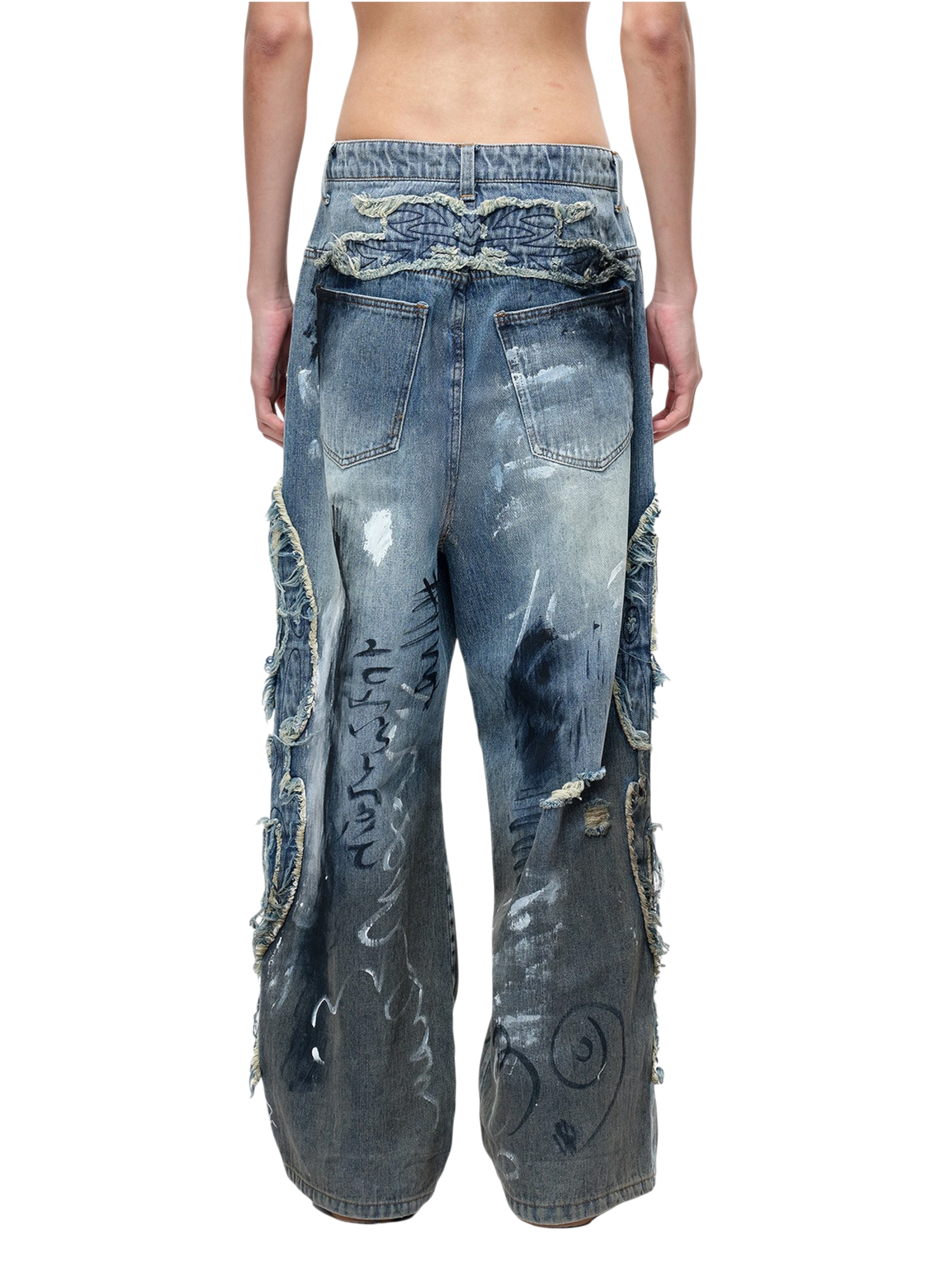 TBHNP Luminous Dawn baggy faded graffiti jeans, blue — men's distressed streetwear denim