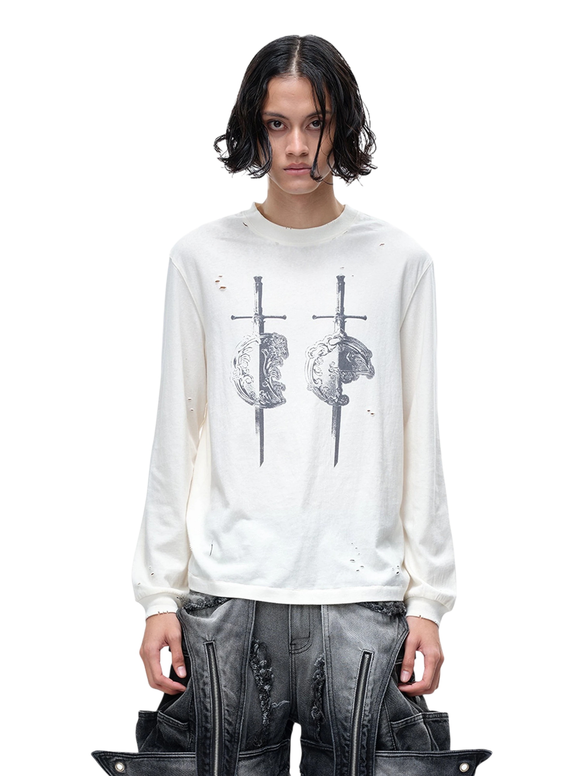 TBHNP Luminous Dawn distressed sword and shield print long-sleeve cotton t-shirt — men's streetwear long sleeve tee