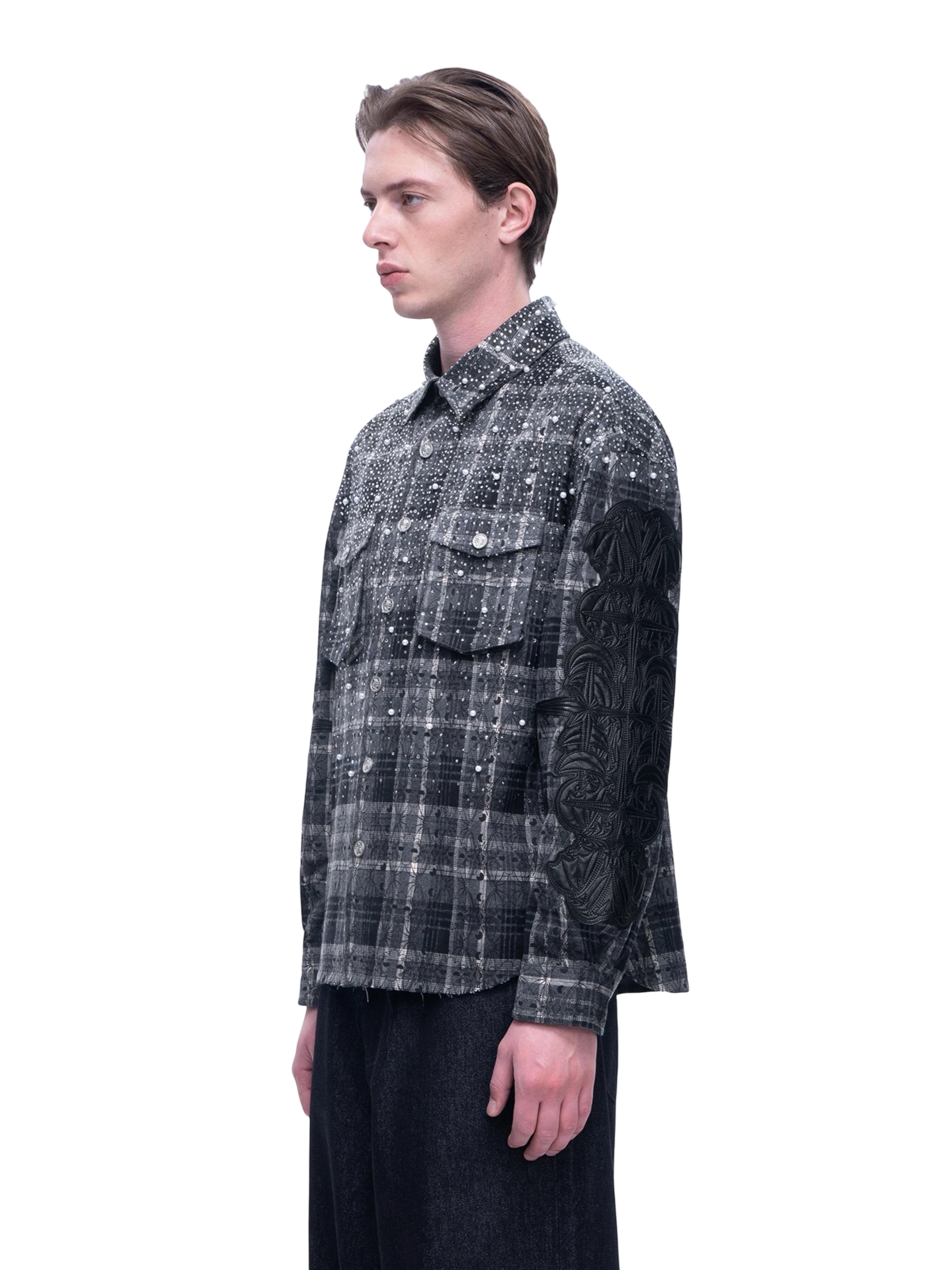 TBHNP Luminous Dawn rhinestone bat pattern plaid flannel shirt — men's gothic streetwear button-up