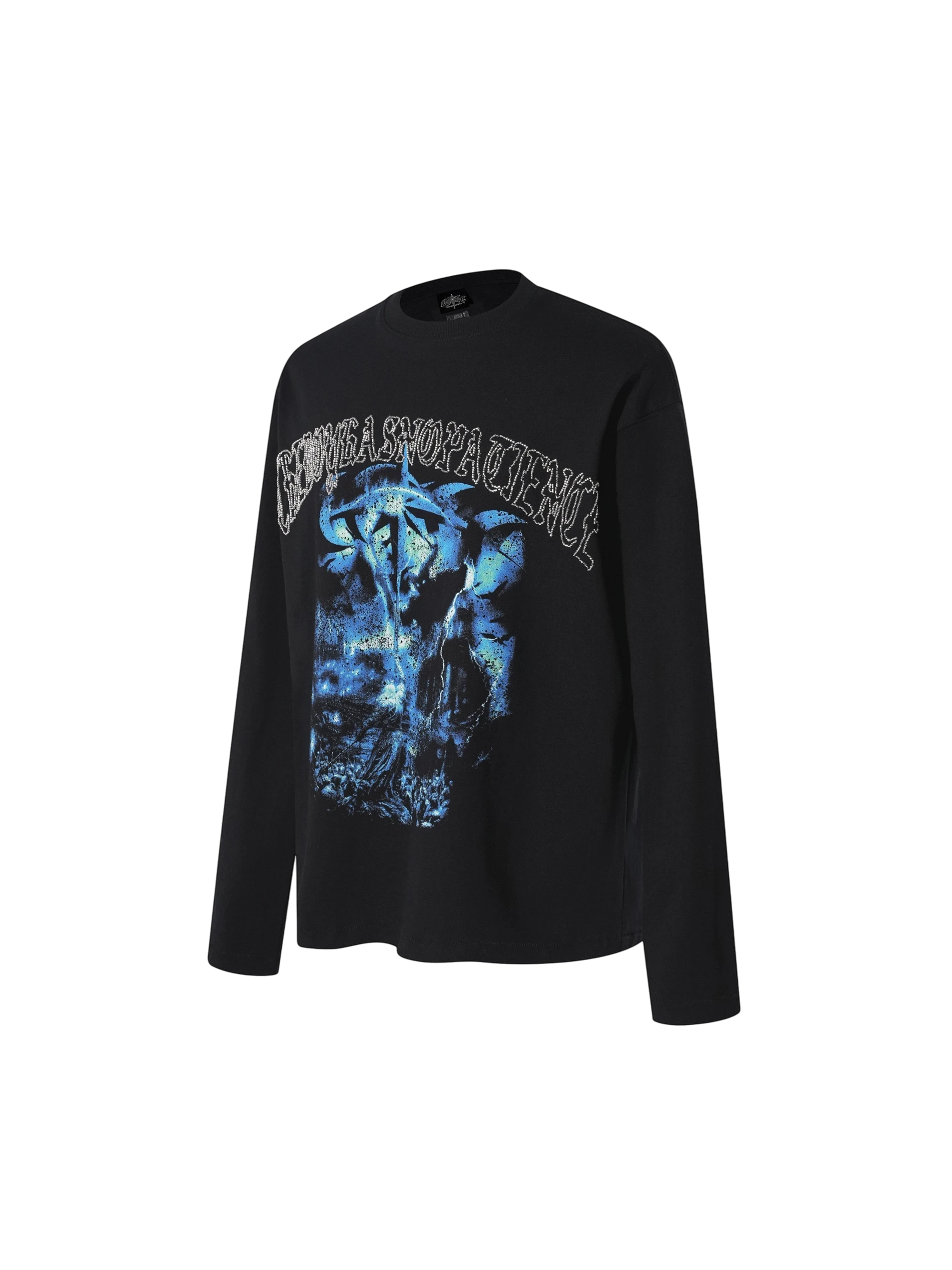 TBHNP Luminous Dawn distressed knight graphic long sleeve tee with bead-embroidered gothic lettering