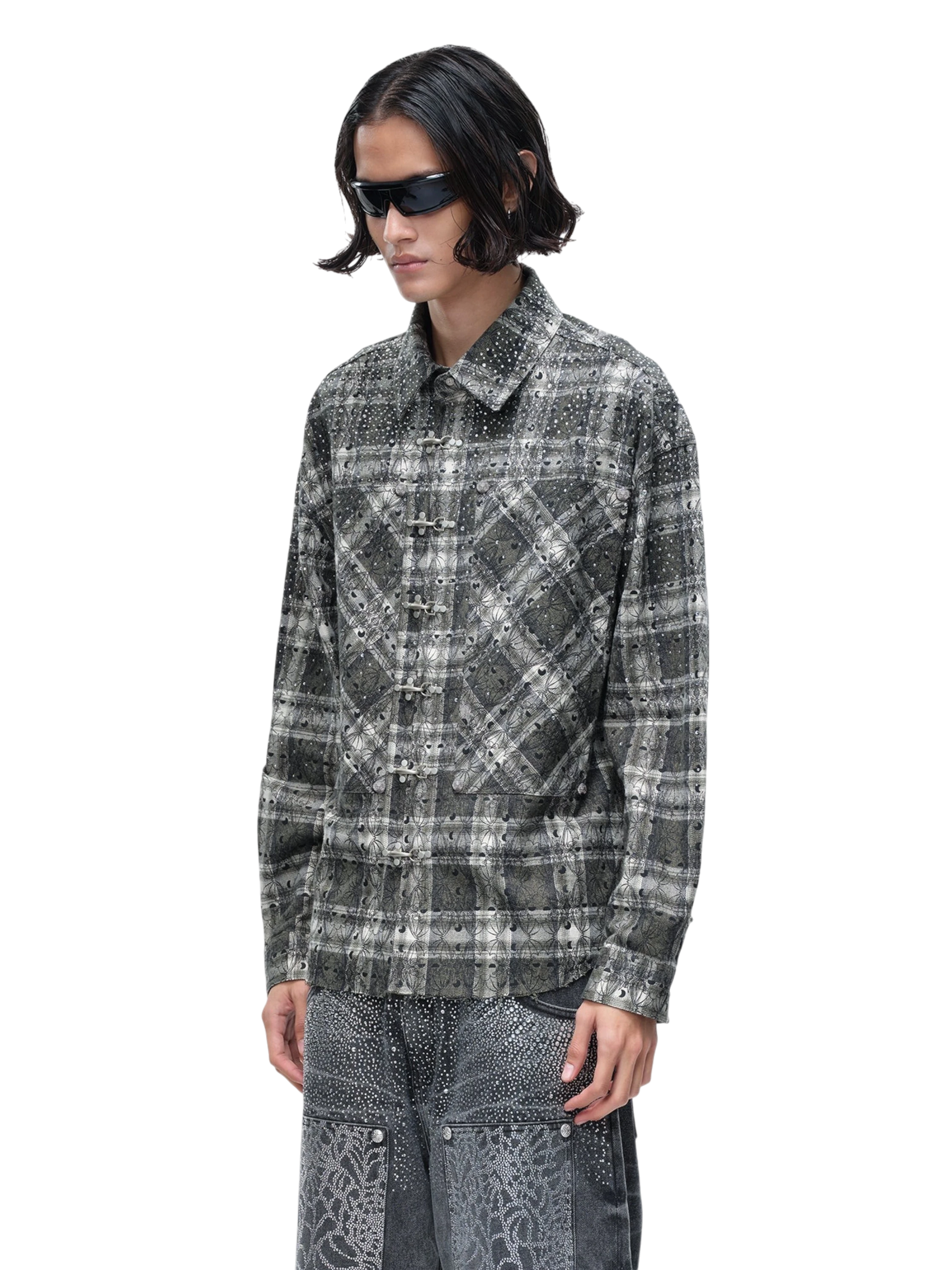TBHNP Luminous Dawn Shadowbat buckle plaid flannel shirt — men's gothic streetwear button-up