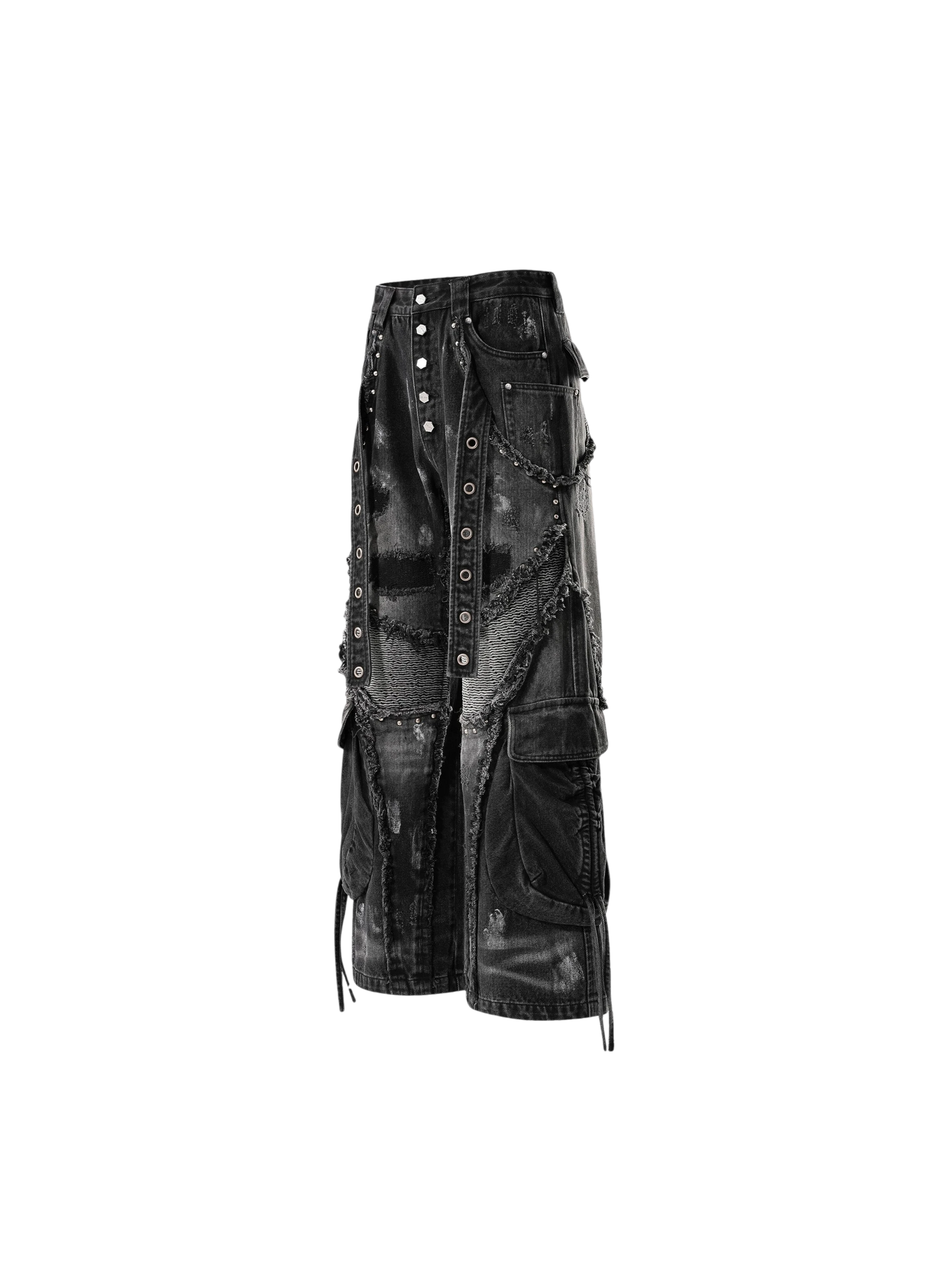 TBHNP Luminous Dawn rivet ribbon baggy jeans, black — men's streetwear denim