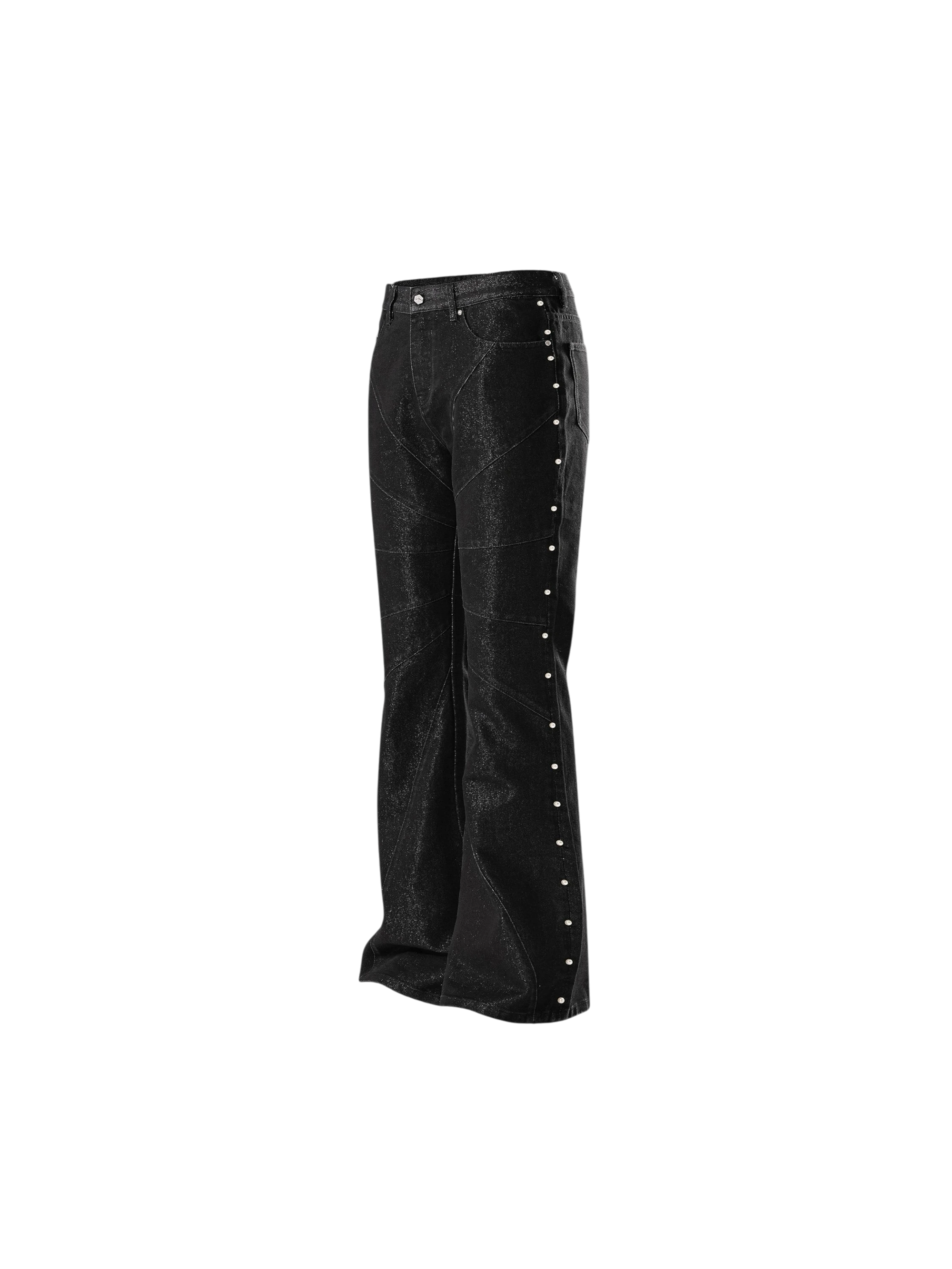TBHNP Luminous Dawn astral logo coated flare jeans, black — men's streetwear denim