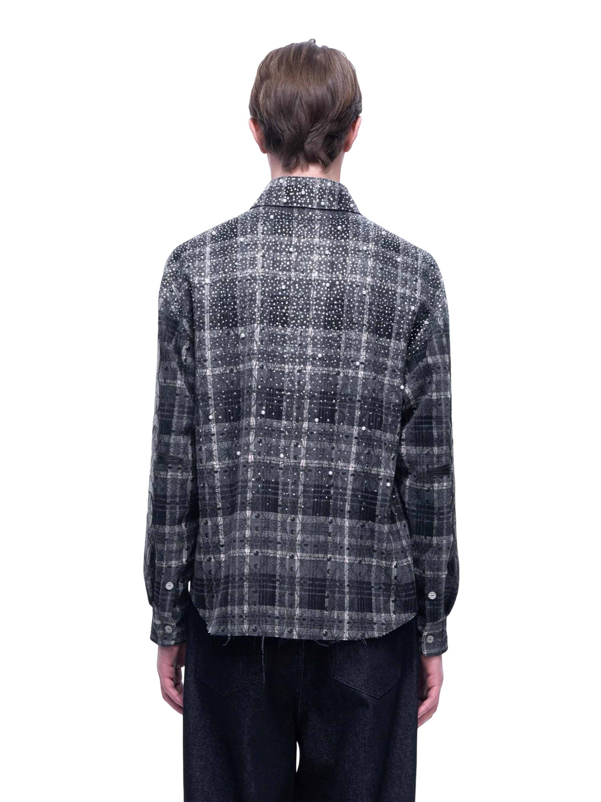 TBHNP Luminous Dawn rhinestone bat pattern plaid flannel shirt — men's gothic streetwear button-up