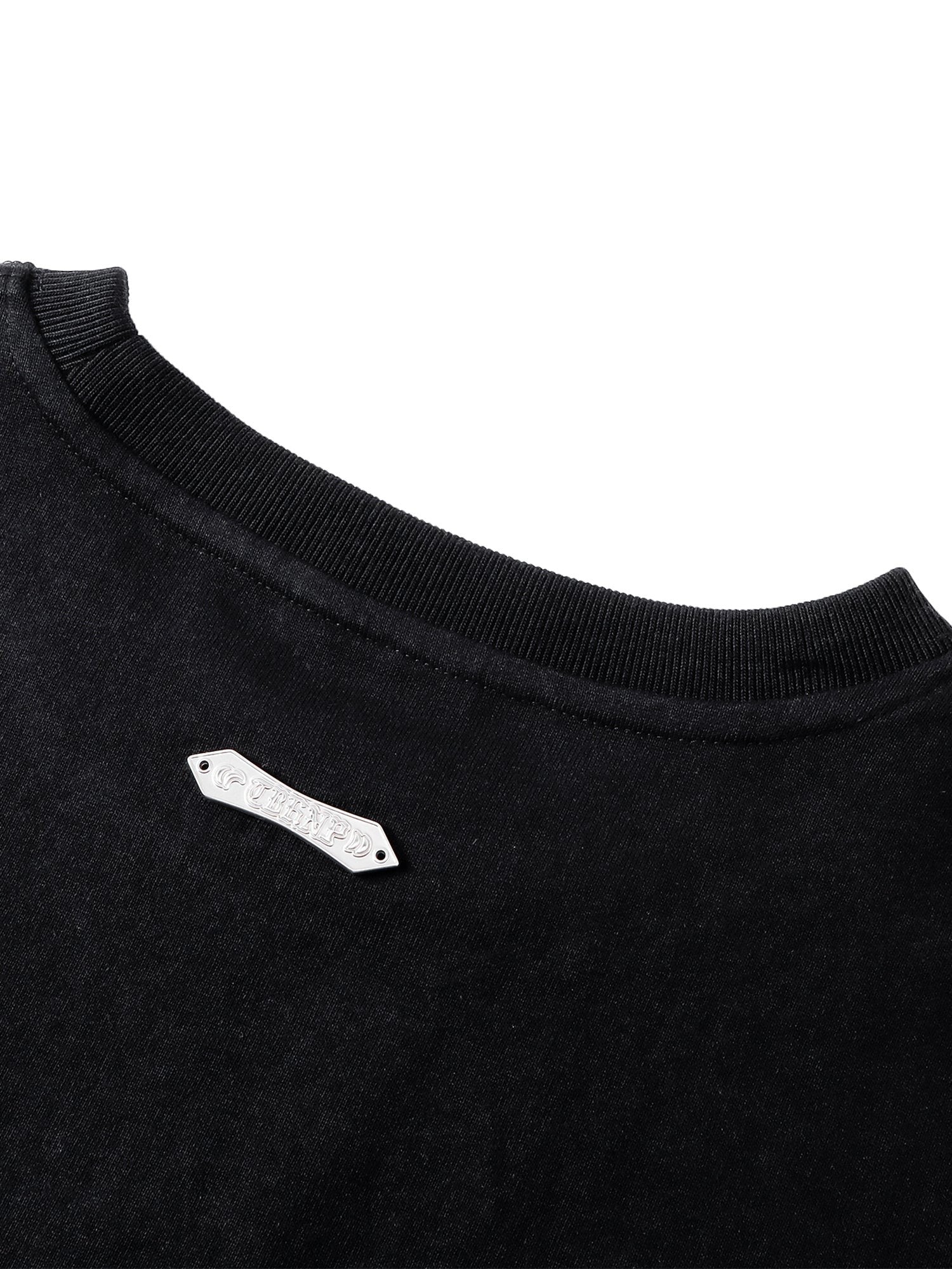 TBHNP Luminous Dawn distressed knight graphic long sleeve tee with bead-embroidered gothic lettering