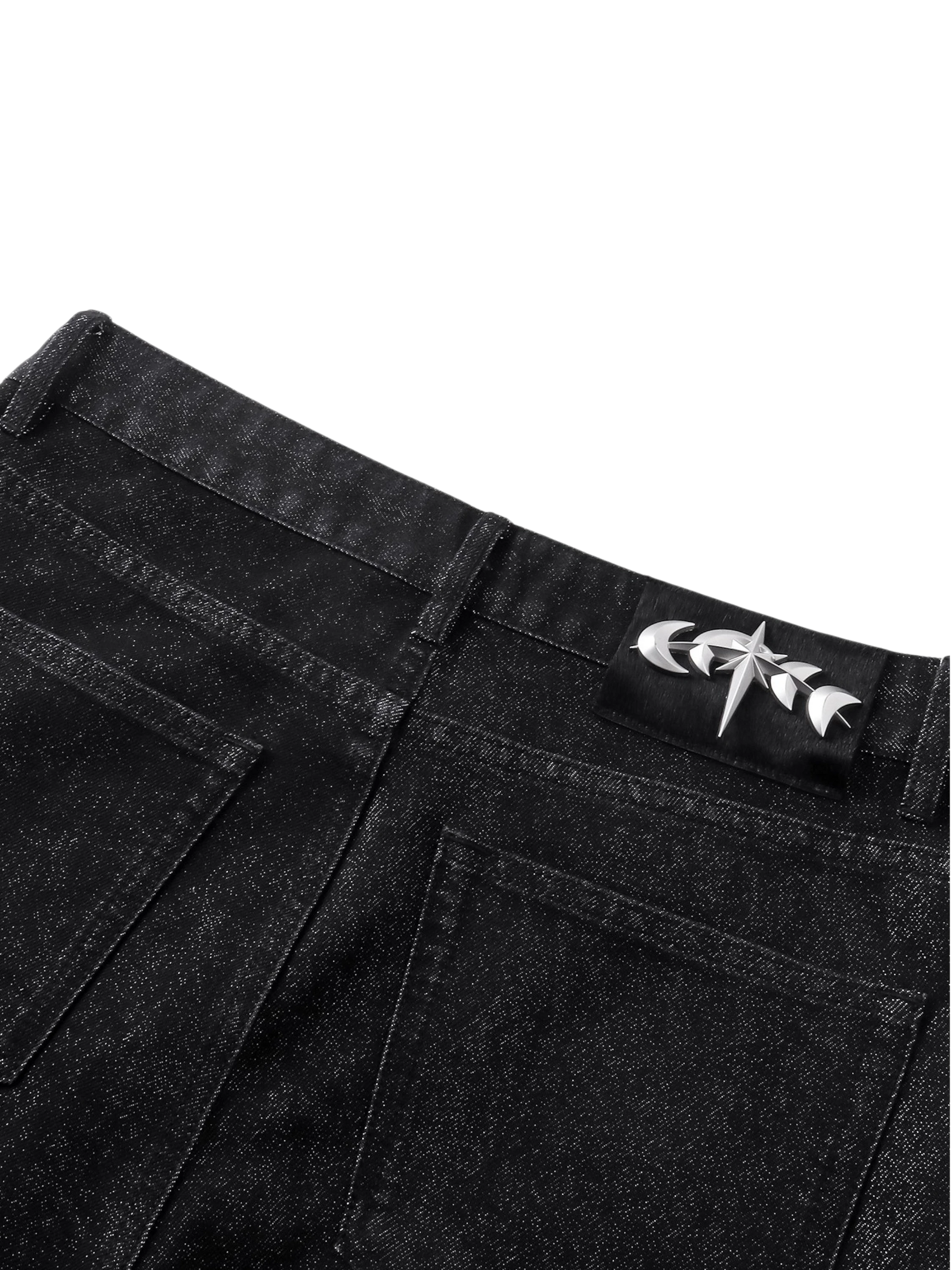TBHNP Luminous Dawn astral logo coated flare jeans, black — men's streetwear denim