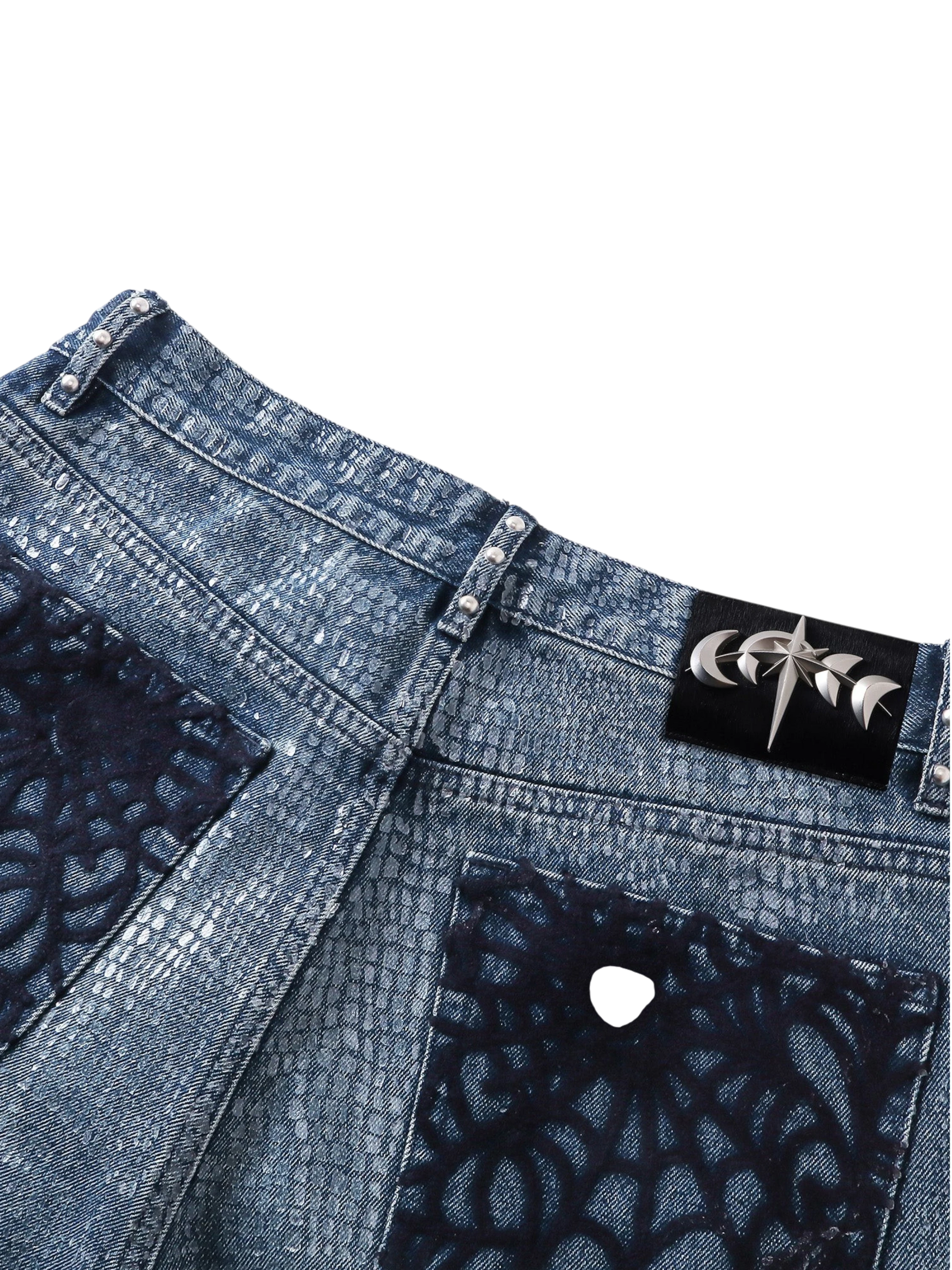 TBHNP Luminous Dawn cobweb fringed baggy jeans — men's streetwear denim