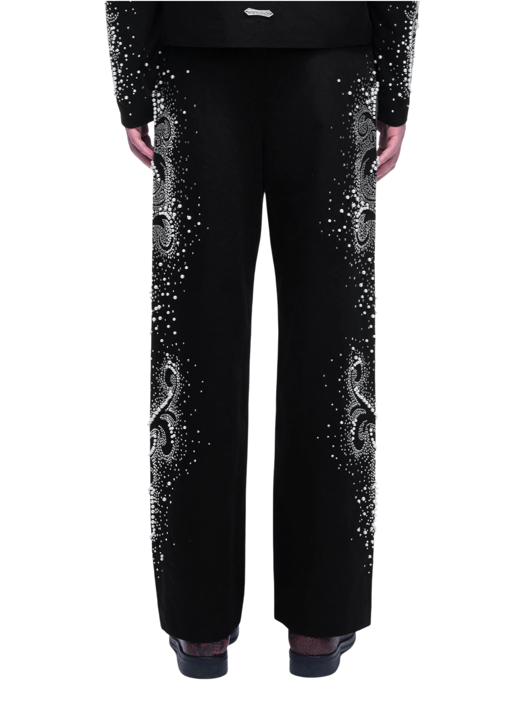 TBHNP Luminous Dawn pearl rhinestone wide-leg trousers, black — men's streetwear pants