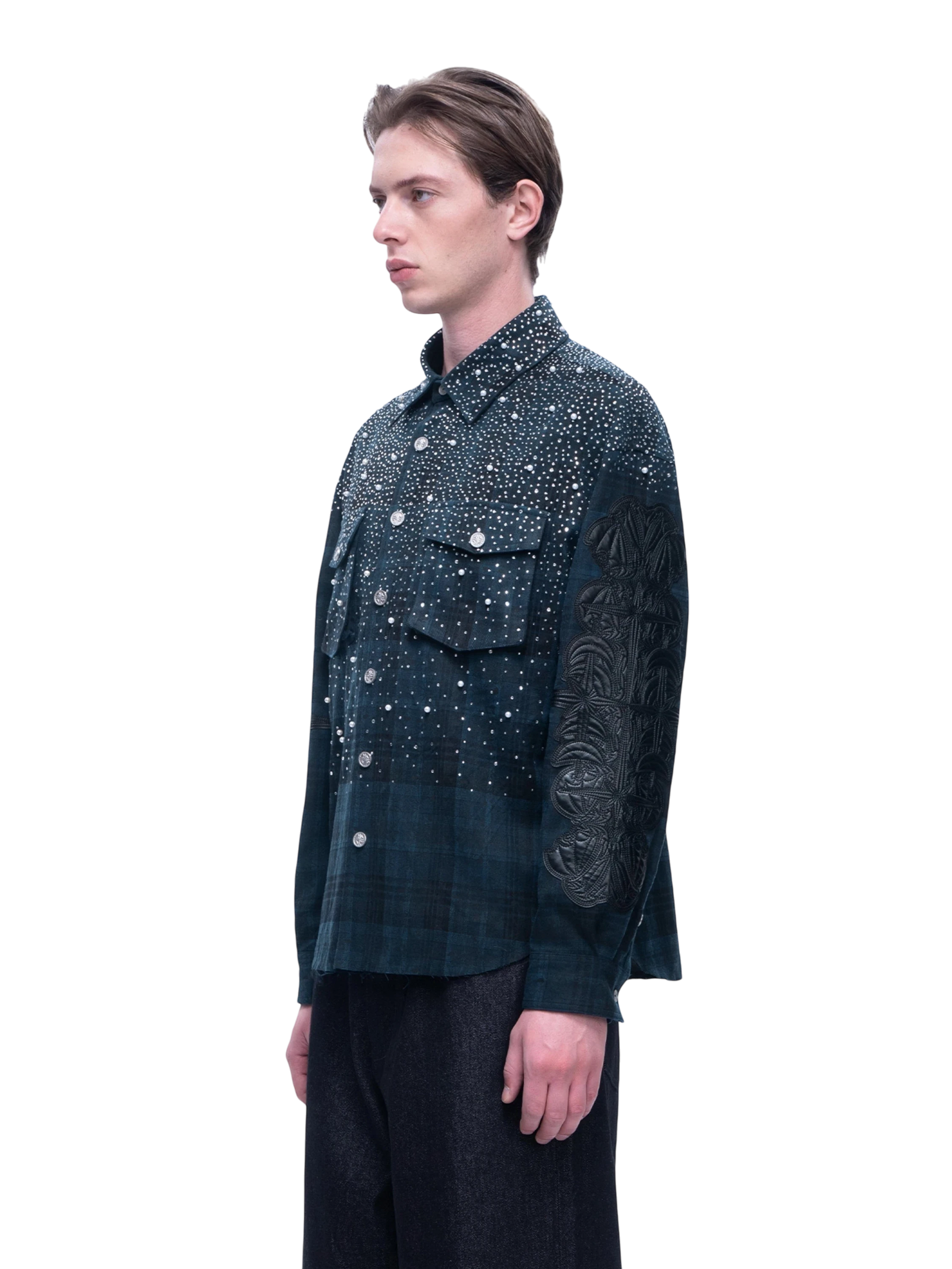 TBHNP Luminous Dawn rhinestone bat pattern plaid flannel shirt — men's gothic streetwear button-up