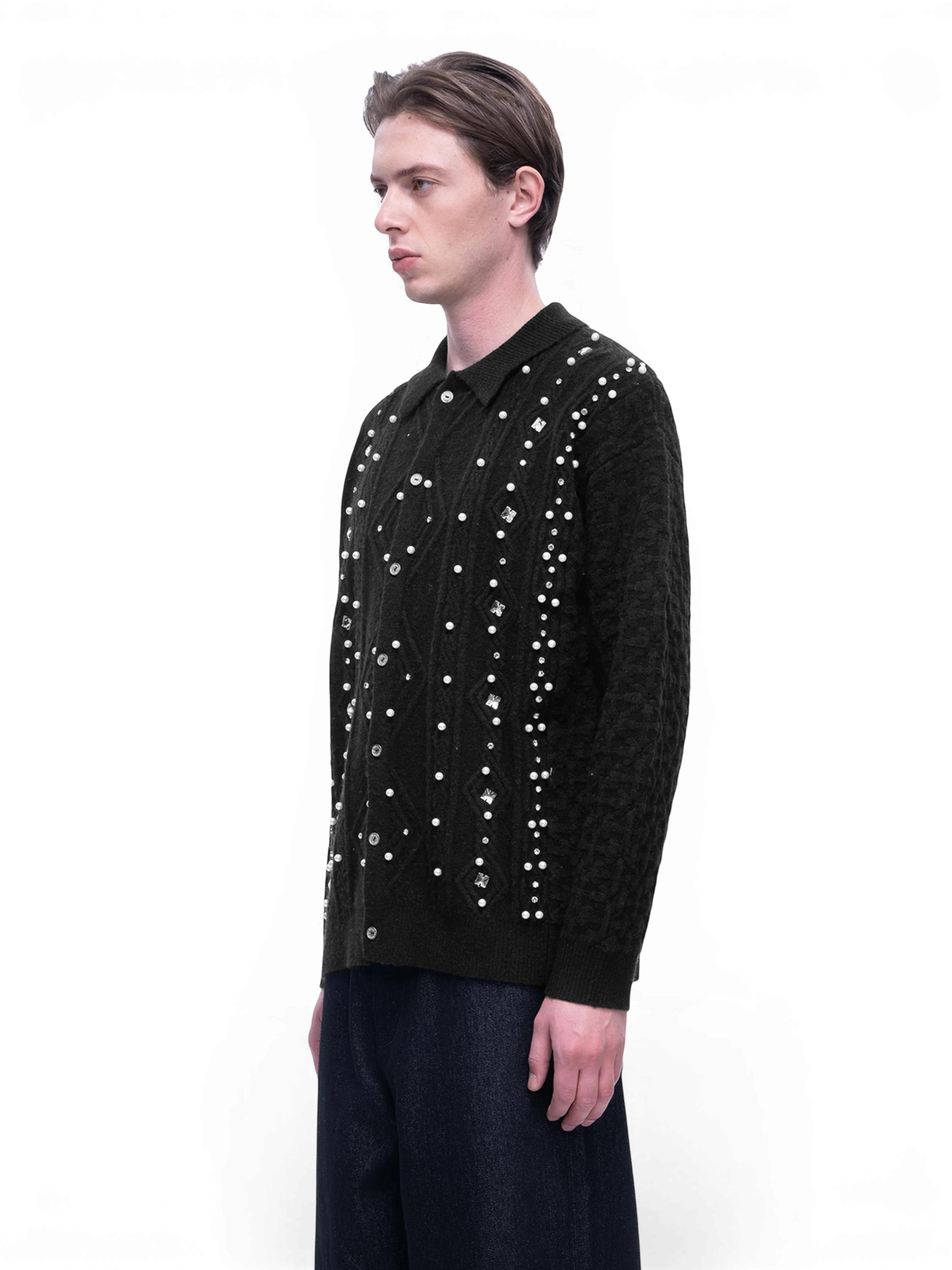 TBHNP Luminous Dawn rhinestone cable-knit cardigan, black — men's streetwear knitwear
