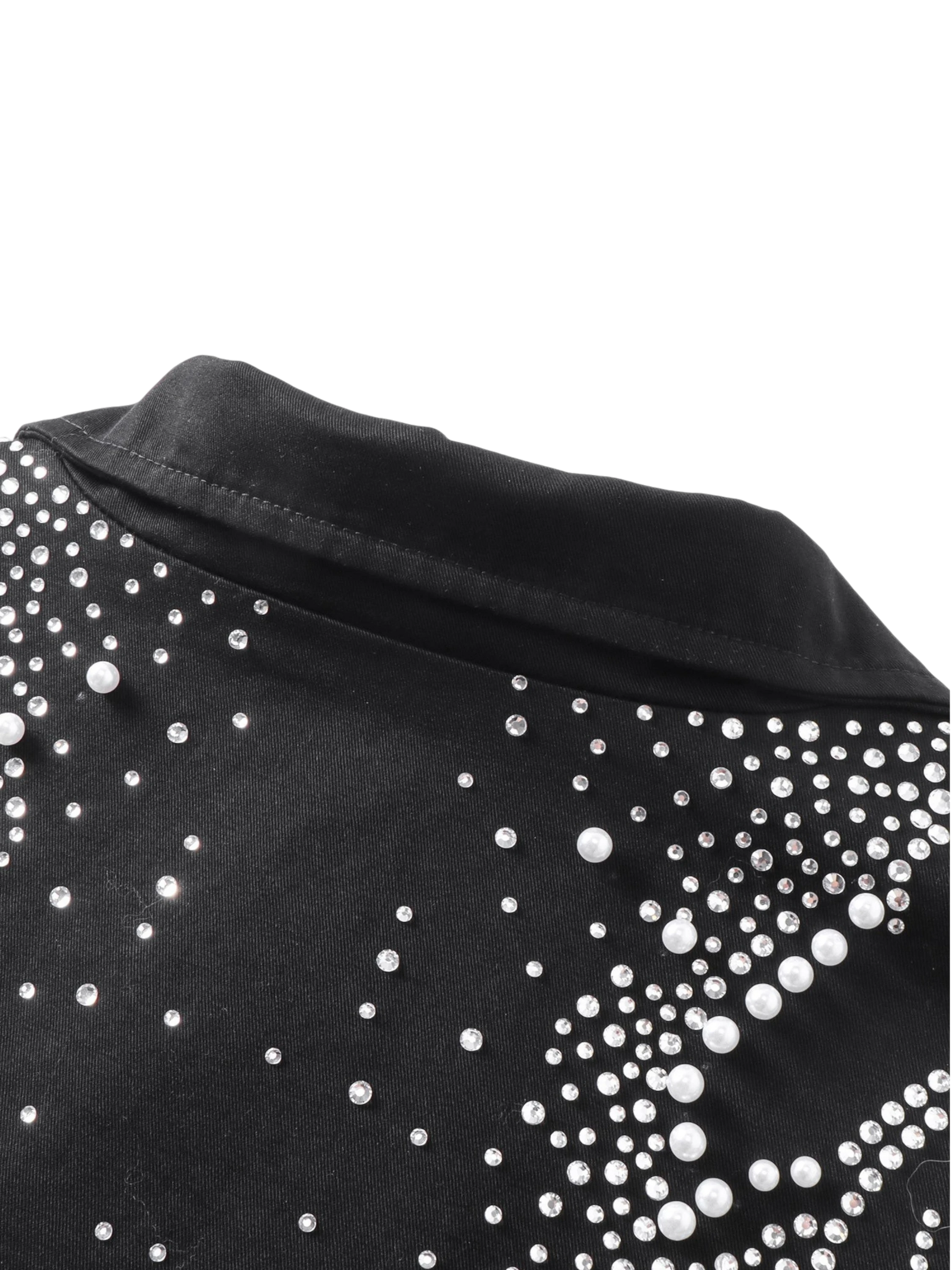 TBHNP Luminous Dawn pearl rhinestone cotton zip jacket, black — men's streetwear jacket