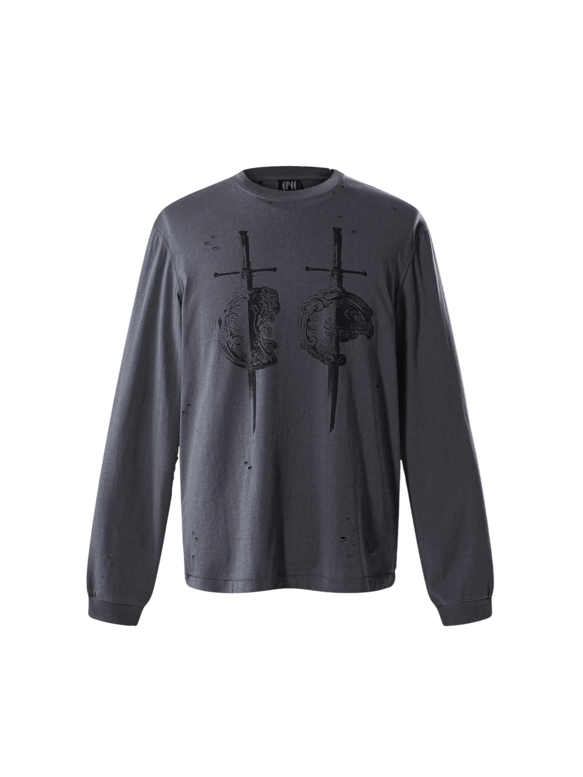 TBHNP Luminous Dawn distressed sword and shield print long-sleeve cotton t-shirt — men's streetwear long sleeve tee