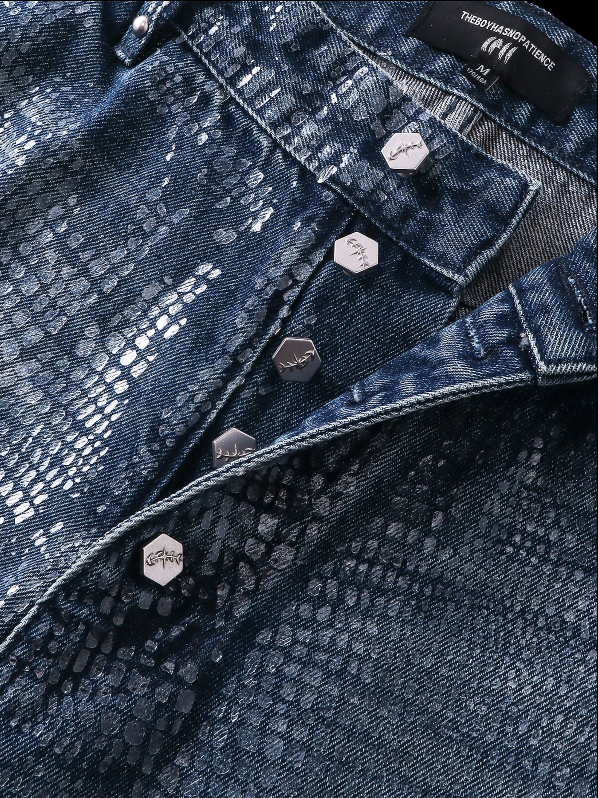 TBHNP Luminous Dawn cobweb fringed baggy jeans — men's streetwear denim