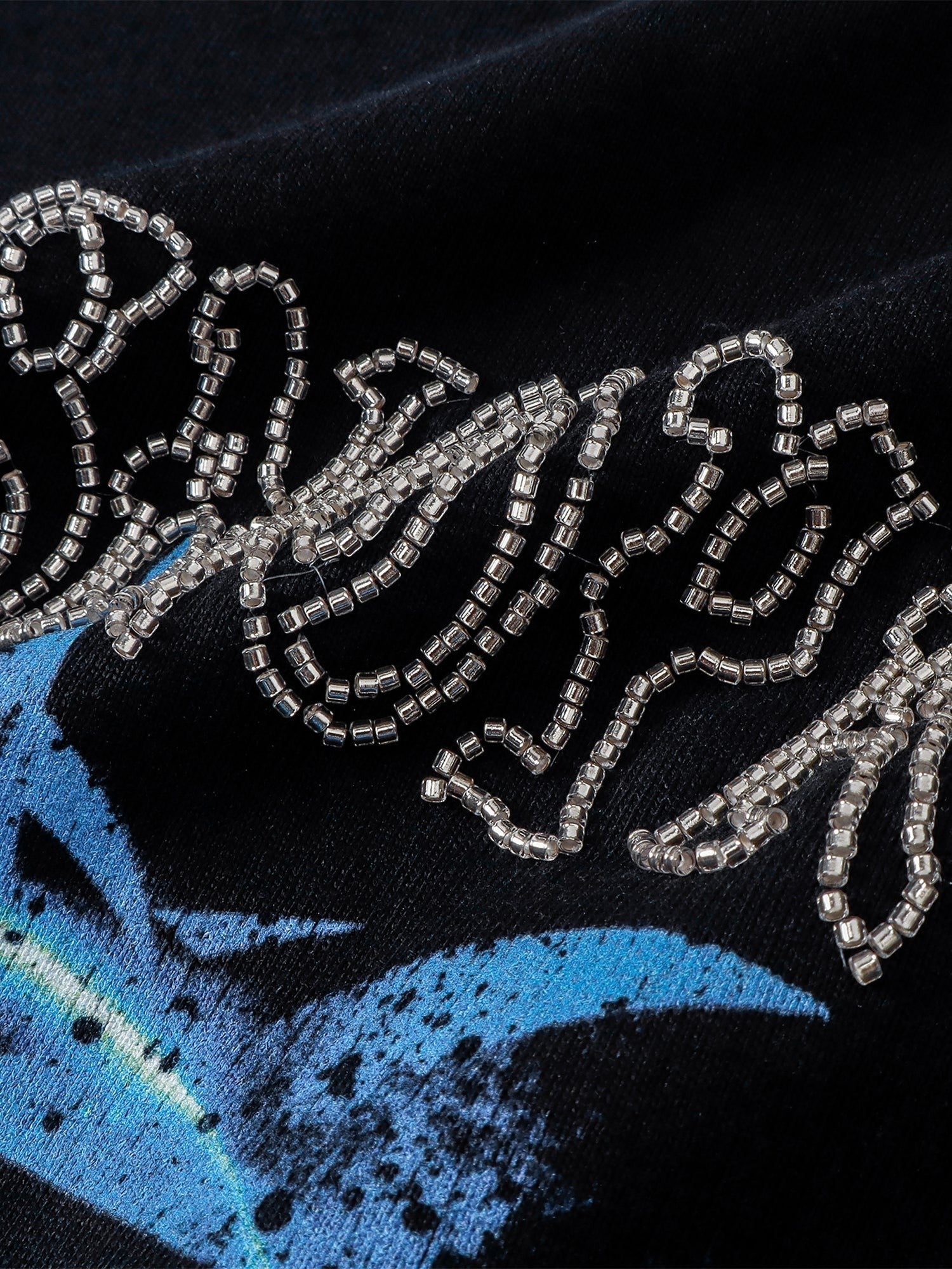 TBHNP Luminous Dawn distressed knight graphic long sleeve tee with bead-embroidered gothic lettering