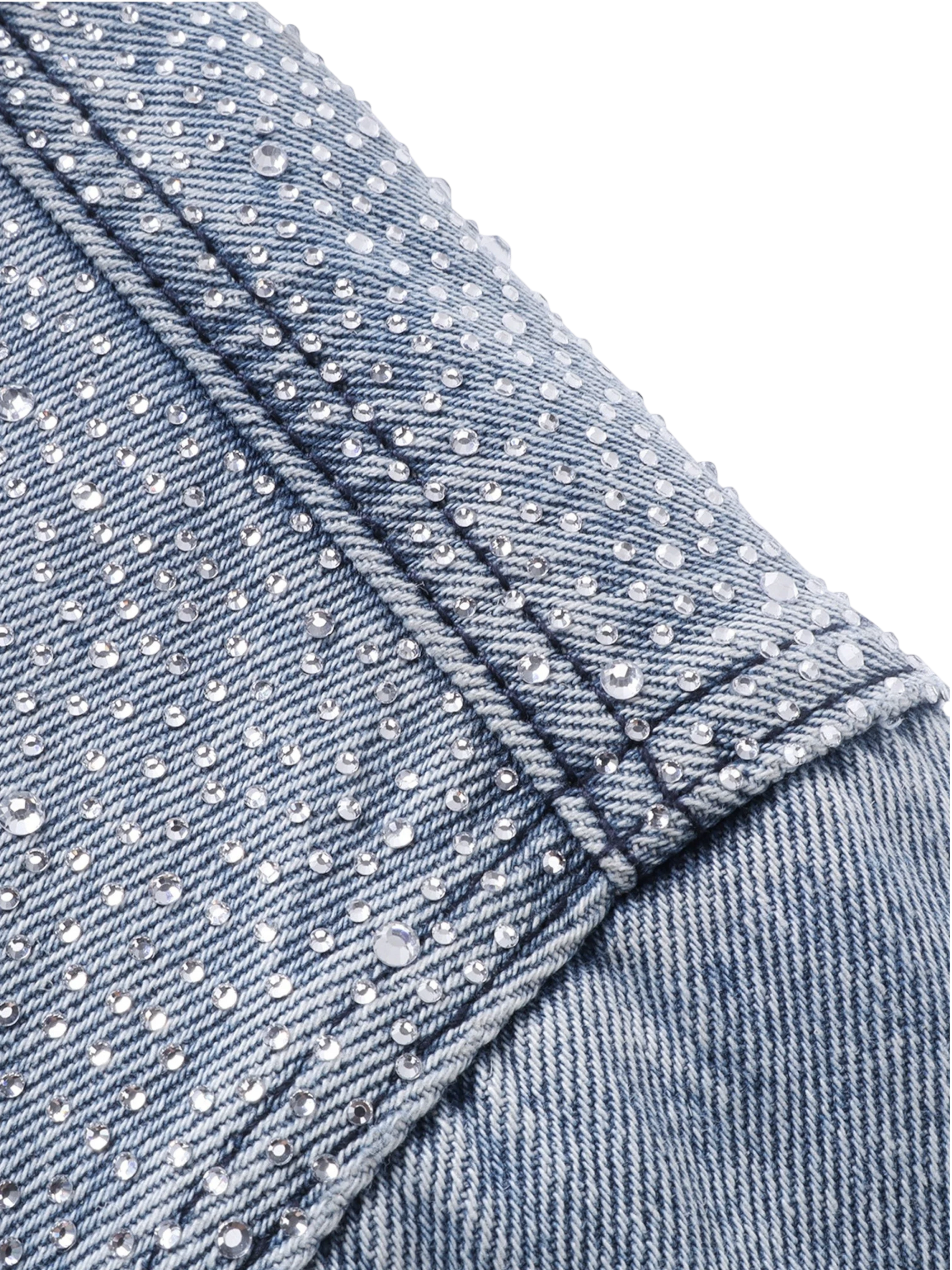 TBHNP Luminous Dawn rhinestone denim trucker jacket, blue — men's streetwear jacket