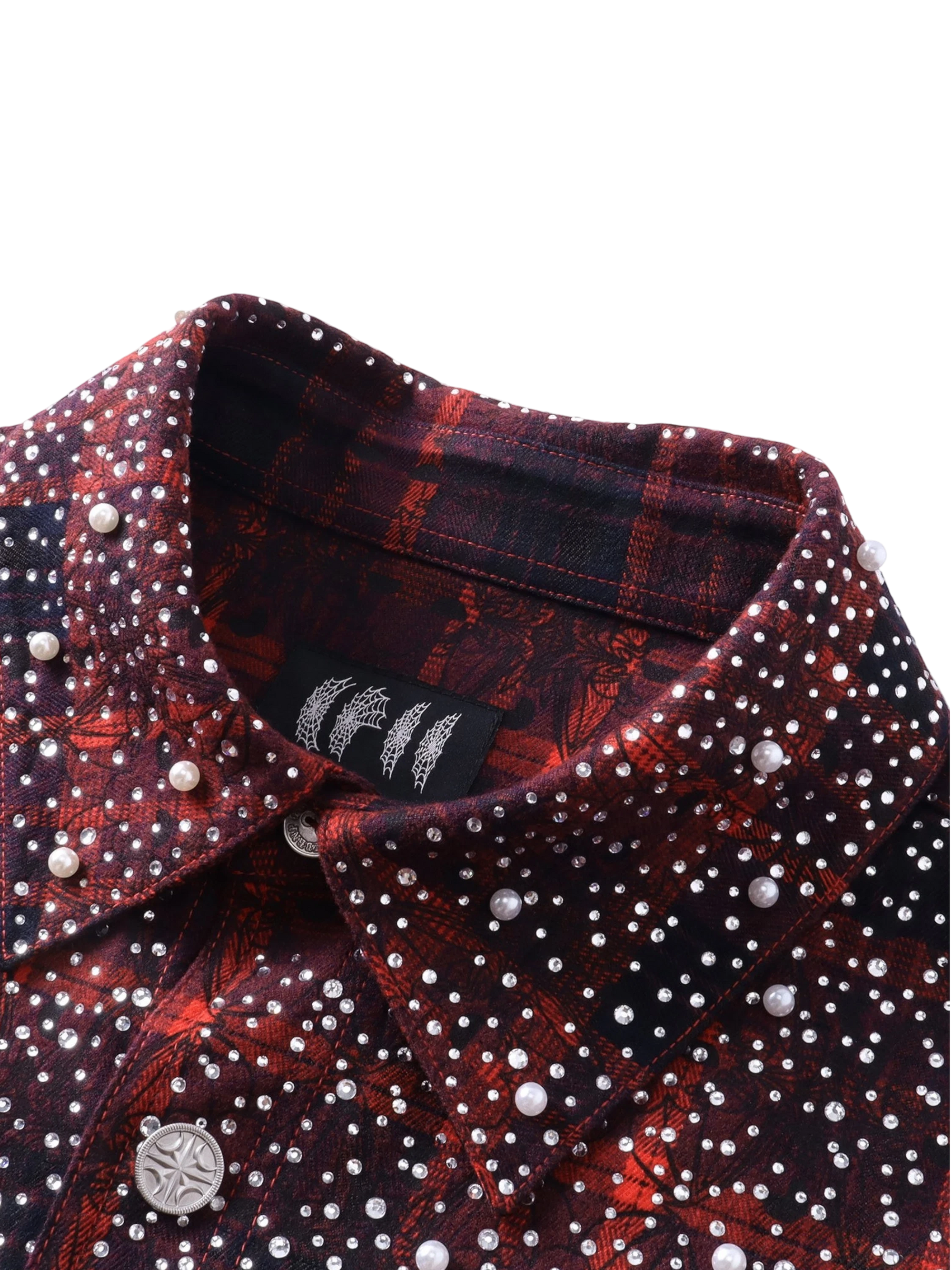 TBHNP Luminous Dawn rhinestone bat pattern plaid flannel shirt — men's gothic streetwear button-up