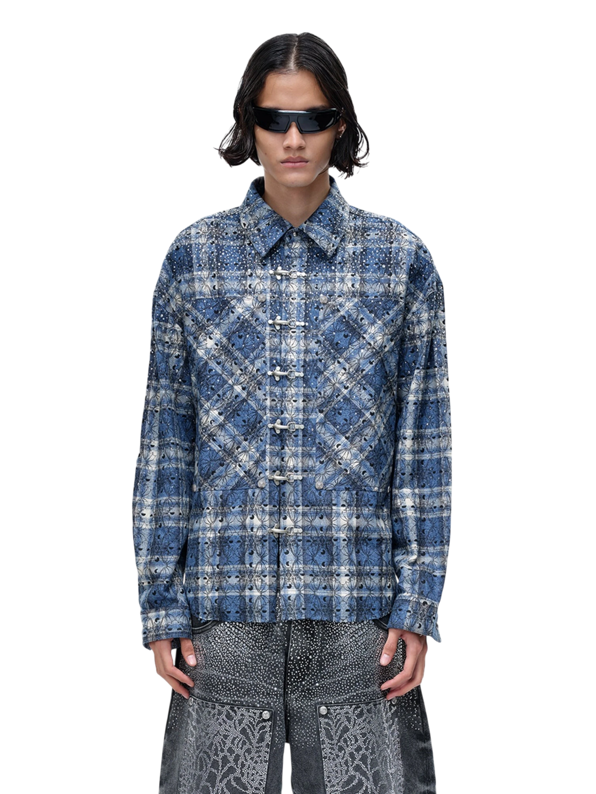 TBHNP Luminous Dawn Shadowbat buckle plaid flannel shirt — men's gothic streetwear button-up