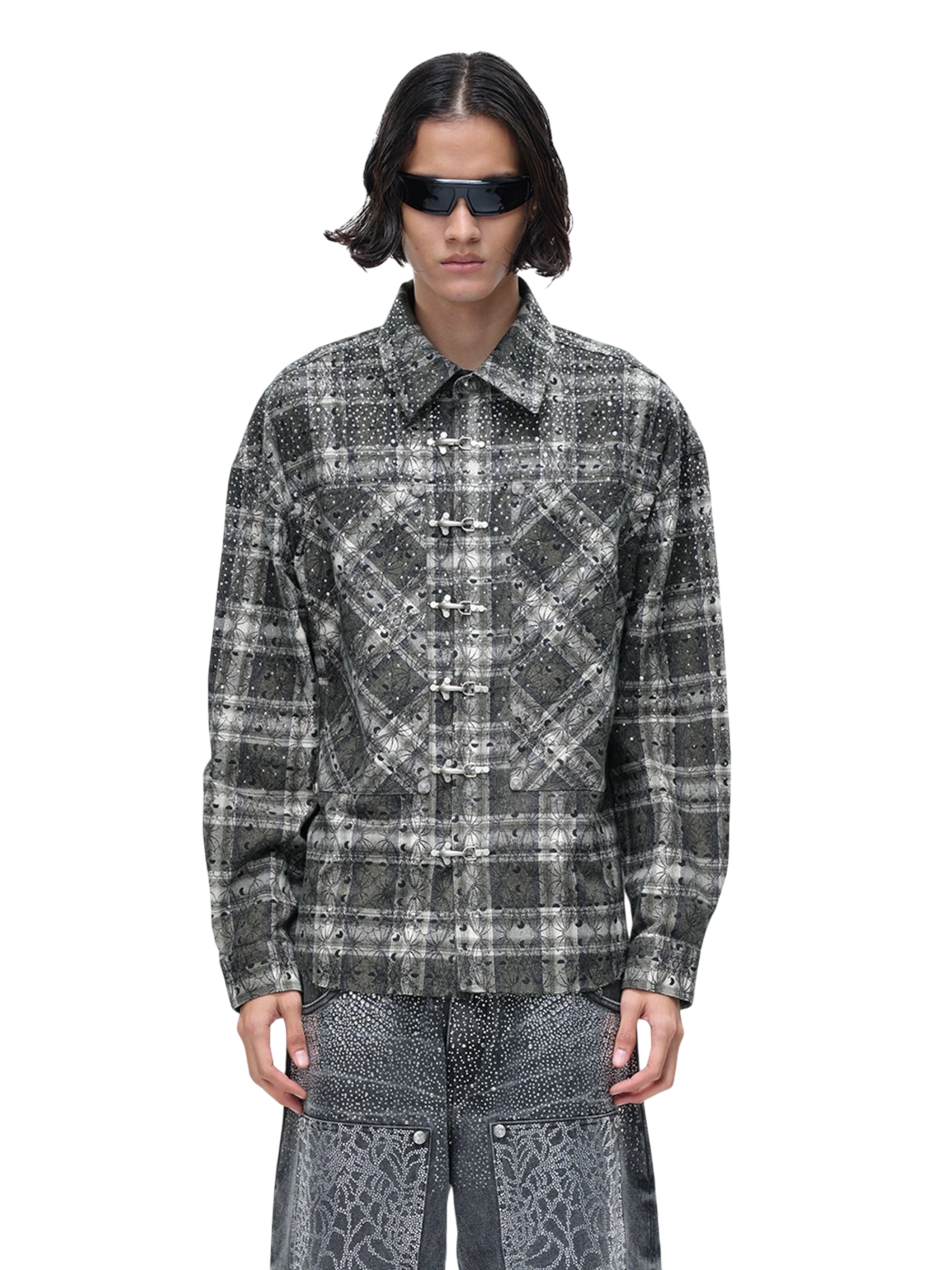 TBHNP Luminous Dawn Shadowbat buckle plaid flannel shirt — men's gothic streetwear button-up