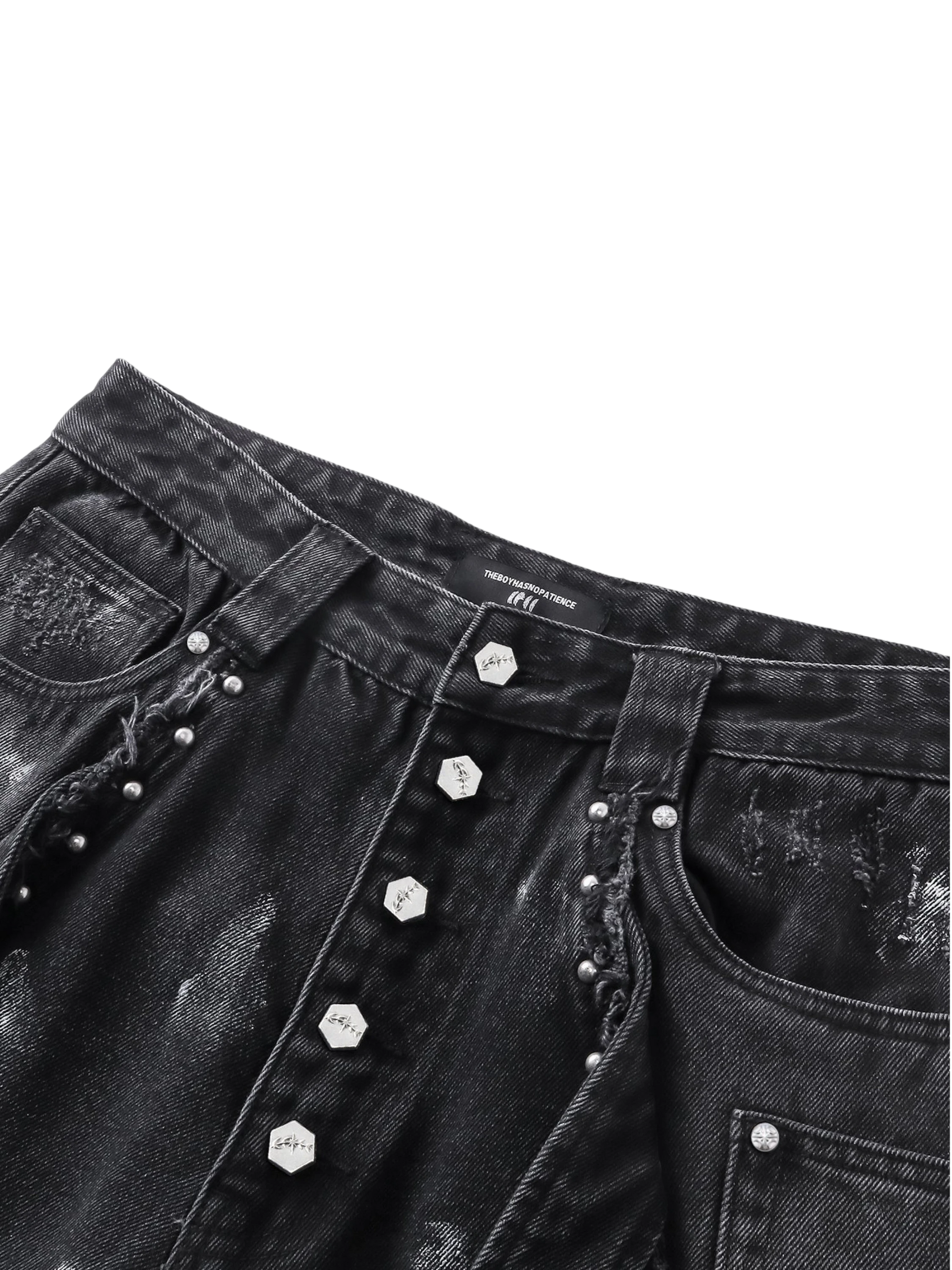 TBHNP Luminous Dawn rivet ribbon baggy jeans, black — men's streetwear denim