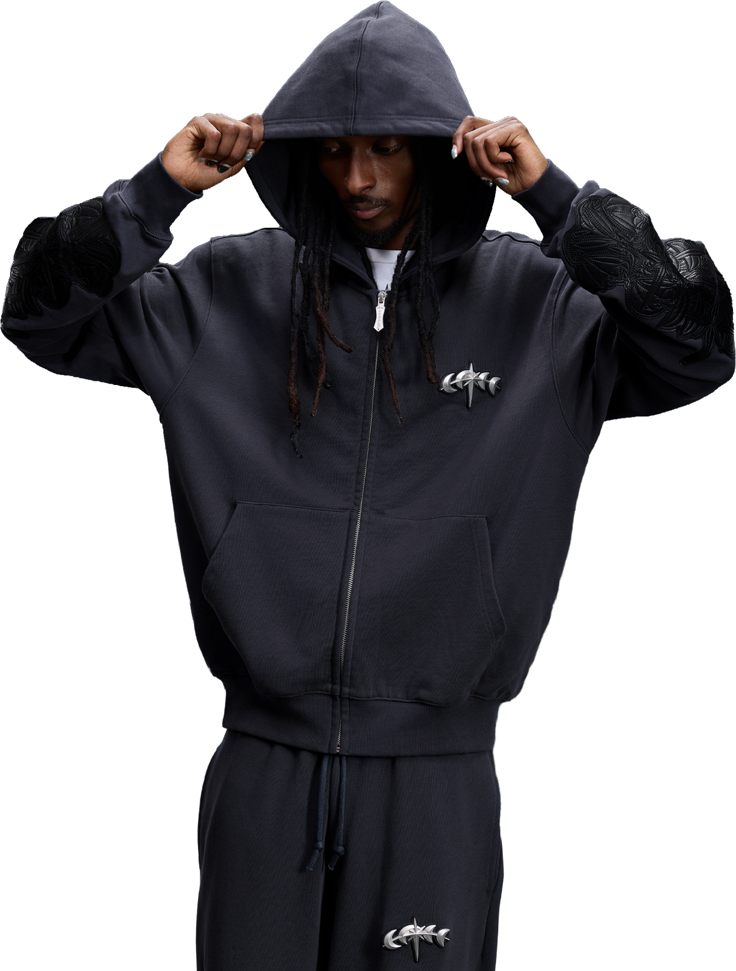 LEATHER PATCH ZIP HOODIE