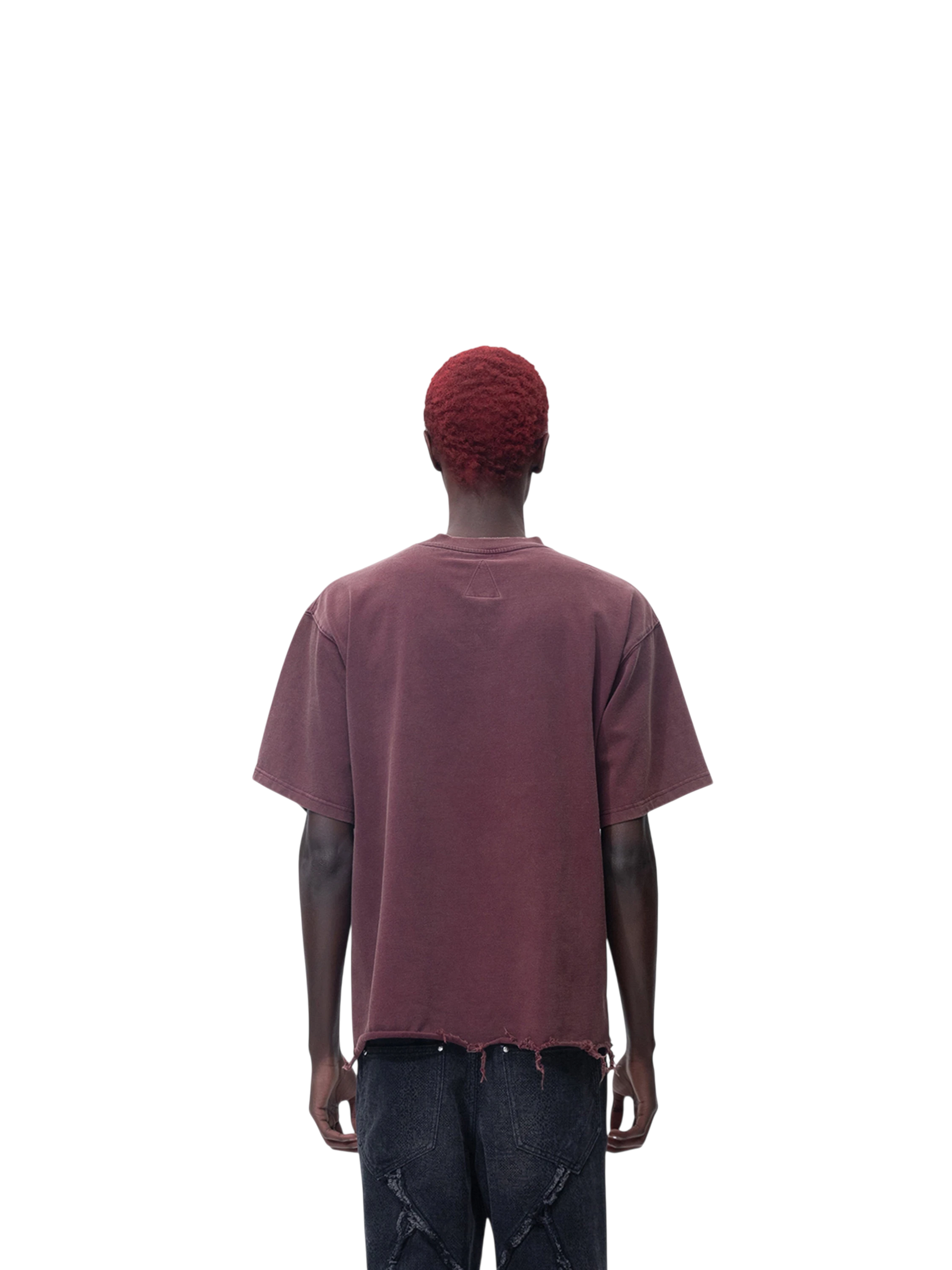 Model in TBHNP burgundy Wraith Sorcerer destroyed tee, front view — men's streetwear tee