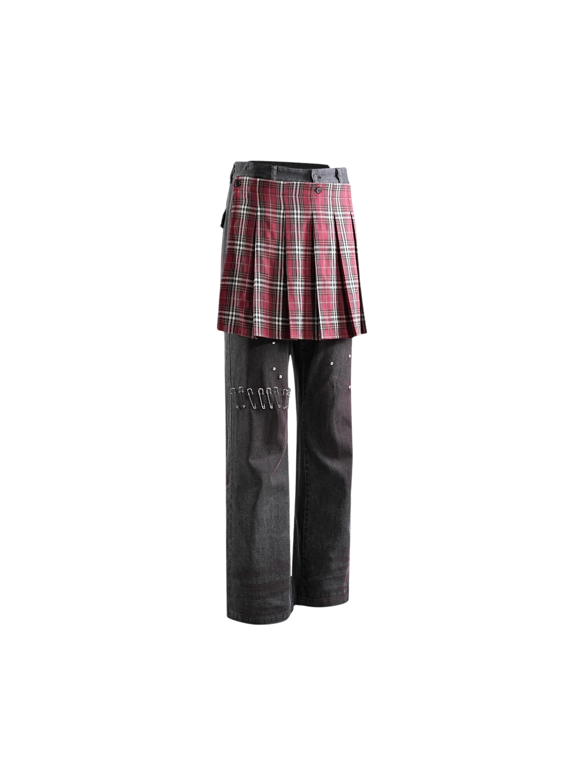 TBHNP black trousers with detachable plaid mini-skirt, front flat-lay — men's streetwear pants