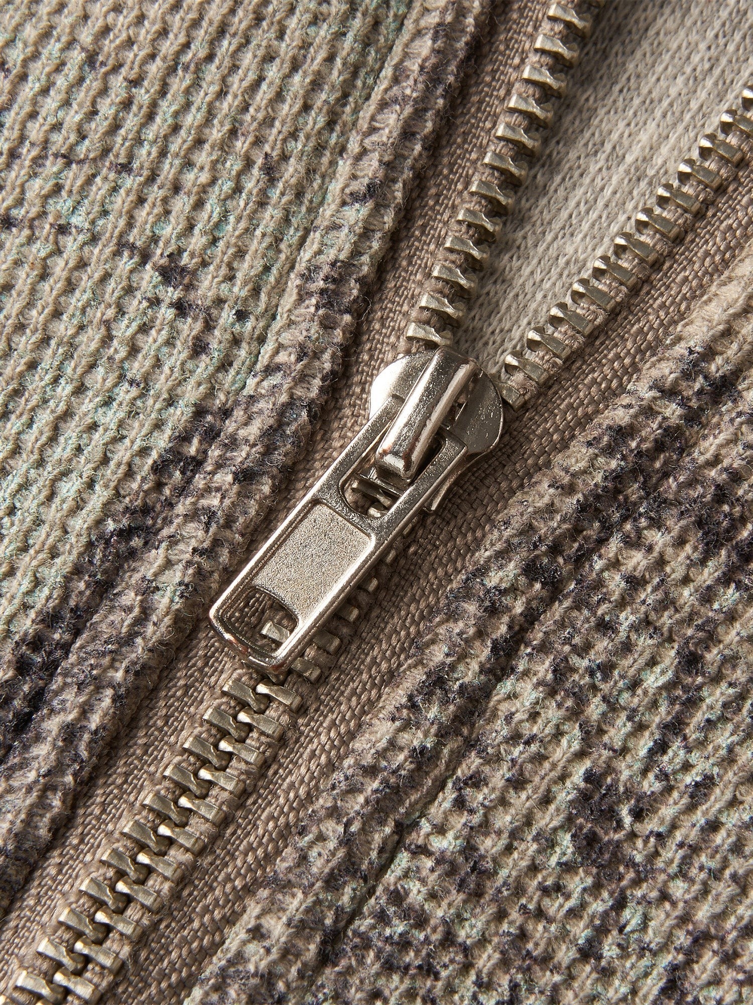 Close-up of the half-zip henley collar on TBHNP grey waffle-knit long-sleeve tee — men's streetwear detail