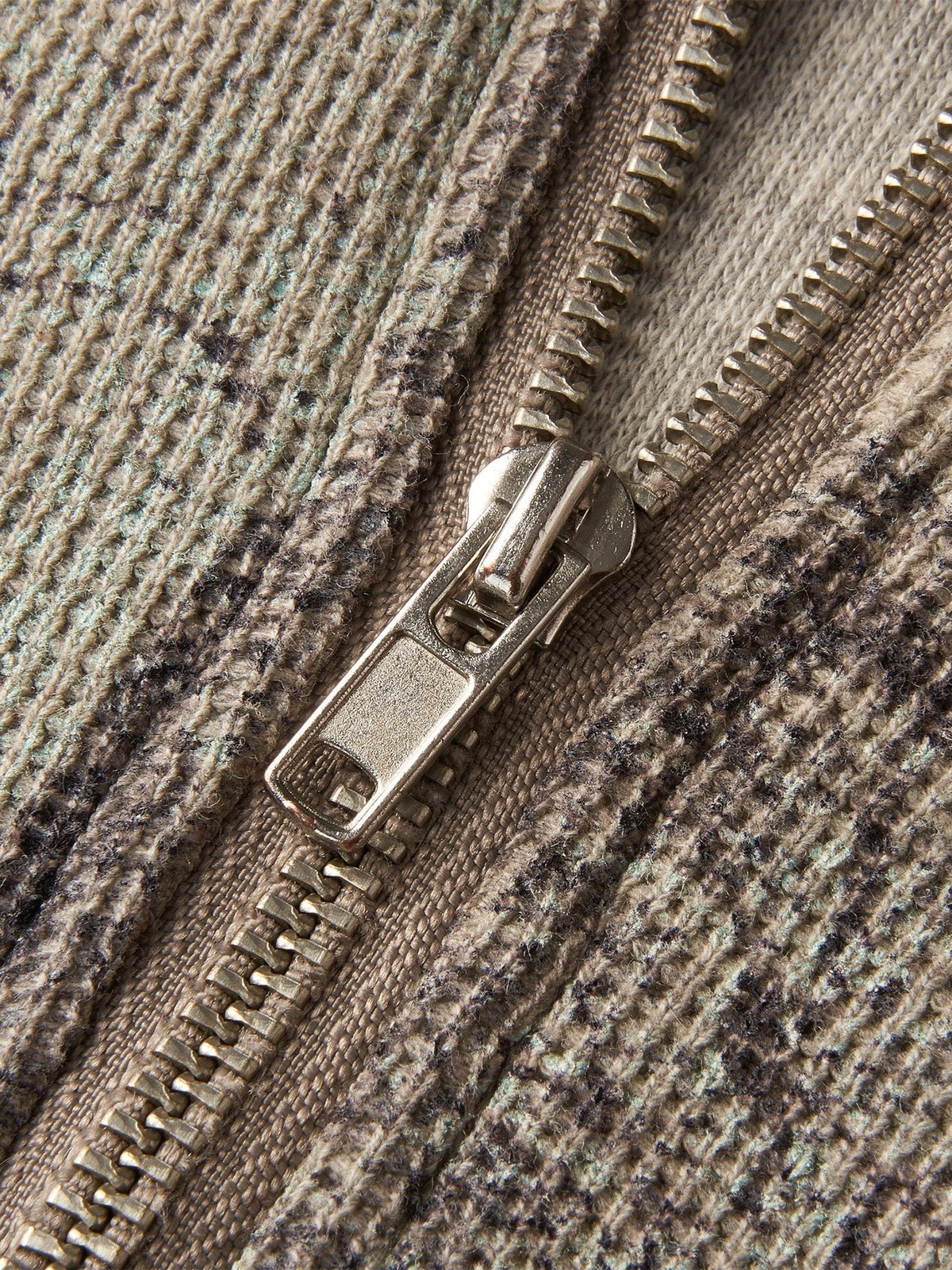 Close-up of the half-zip henley collar on TBHNP grey waffle-knit long-sleeve tee — men's streetwear detail