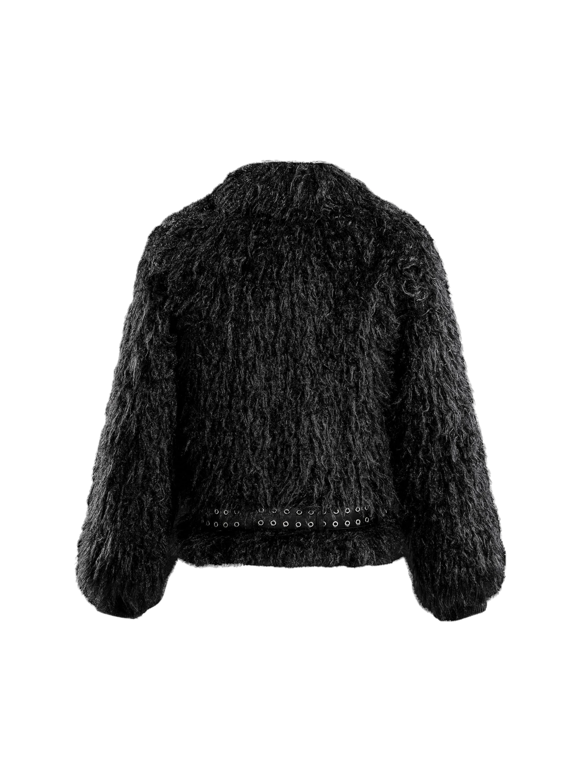 TBHNP black faux-fur bomber jacket, back flat-lay — men's streetwear jacket