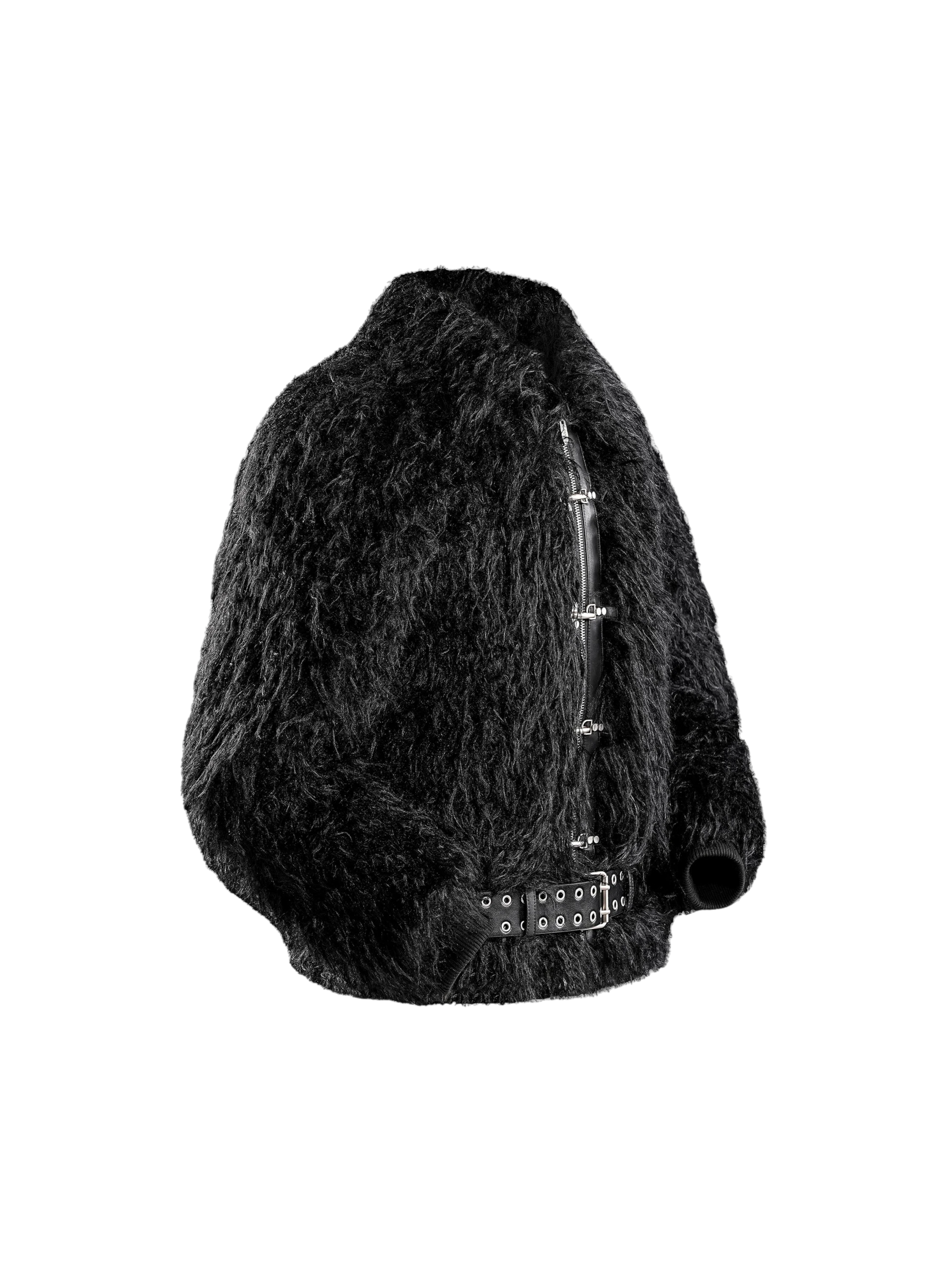 TBHNP Eclipse faux-fur bomber jacket, side flat-lay in black — men's streetwear jacket