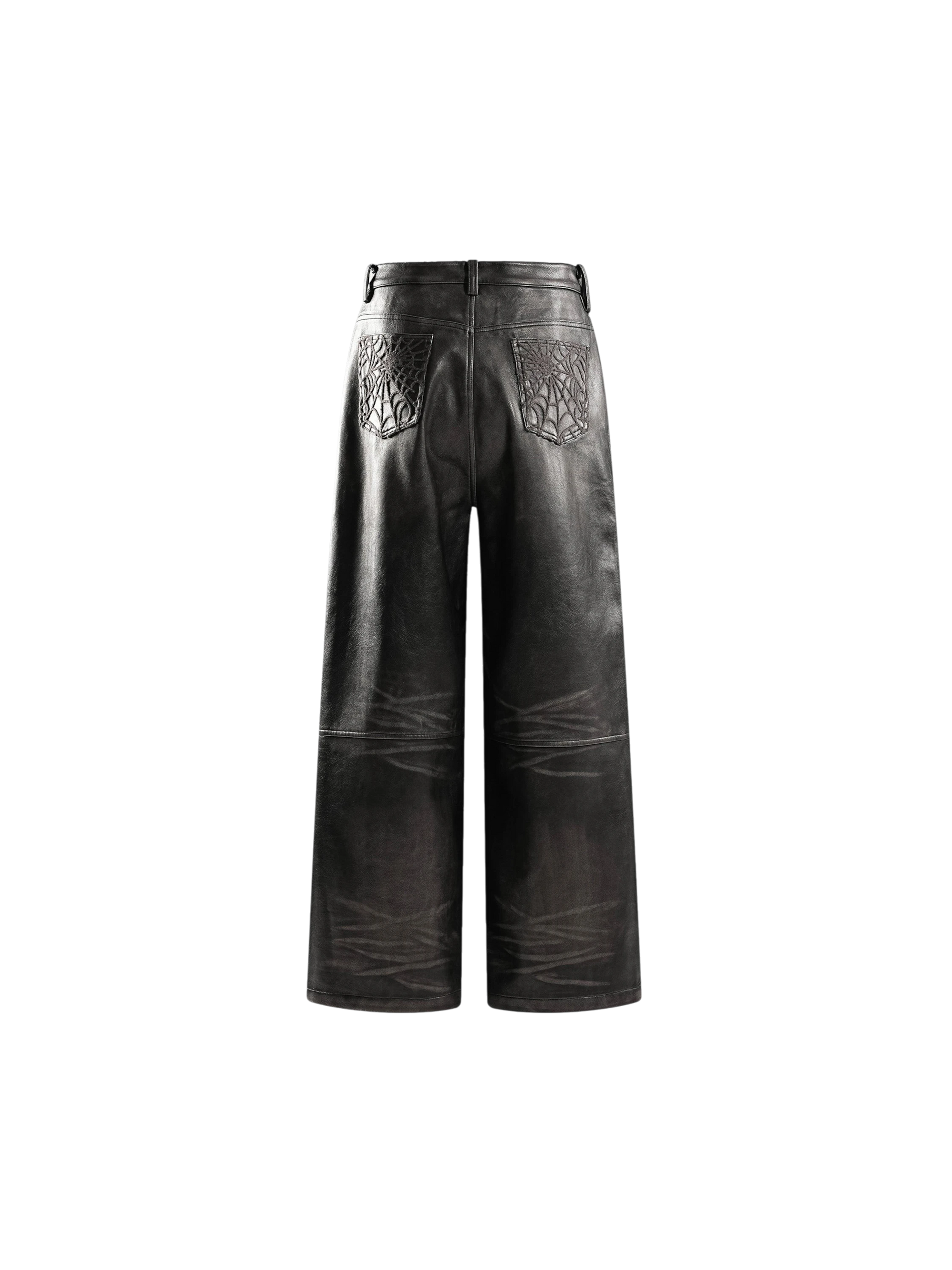 TBHNP Eclipse of the Blood Moon cobweb embroidered faux leather pants — men's gothic streetwear trousers