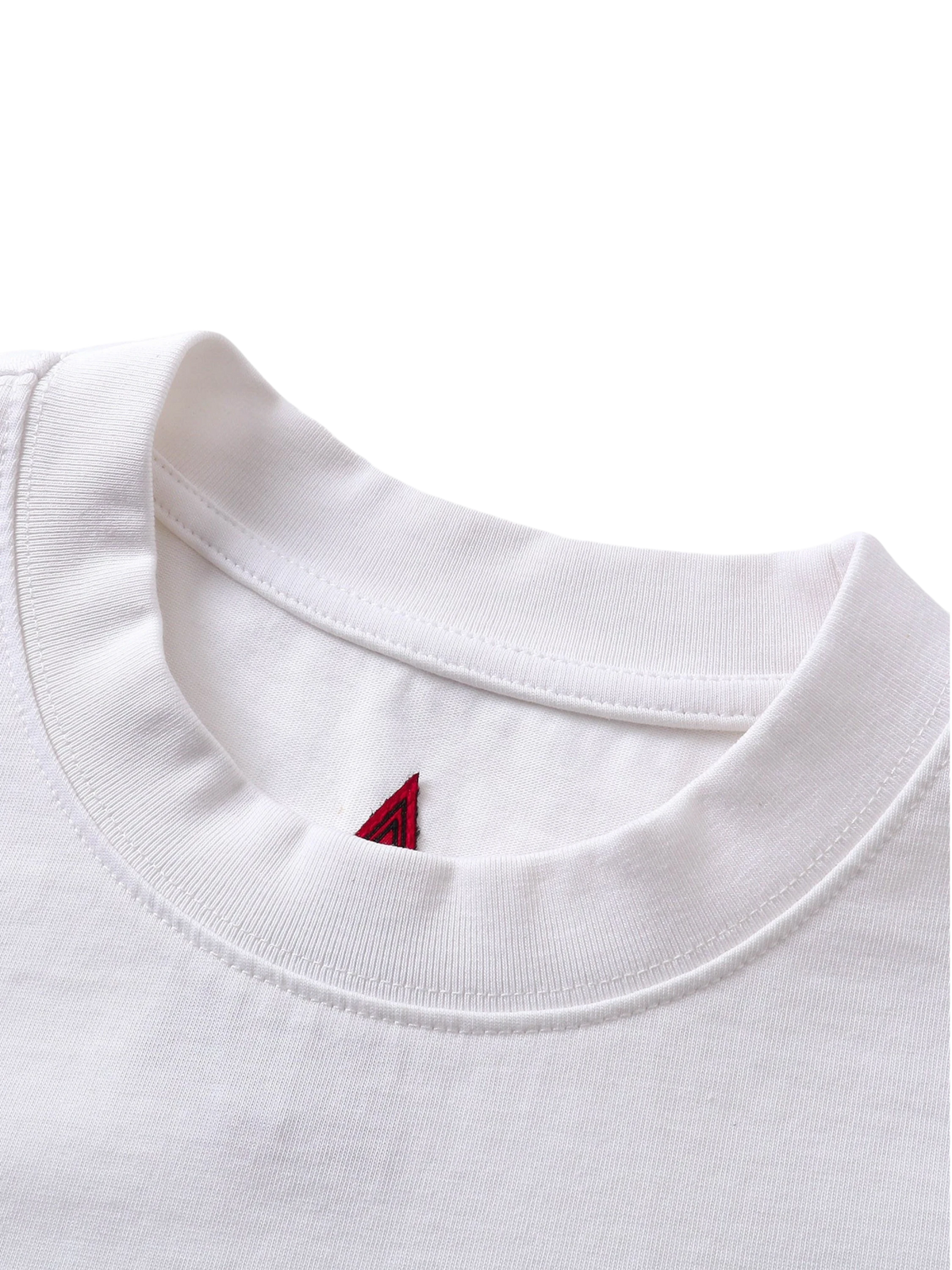Close-up of the narrow elastic neckline on TBHNP white short-sleeve tee — men's streetwear detail