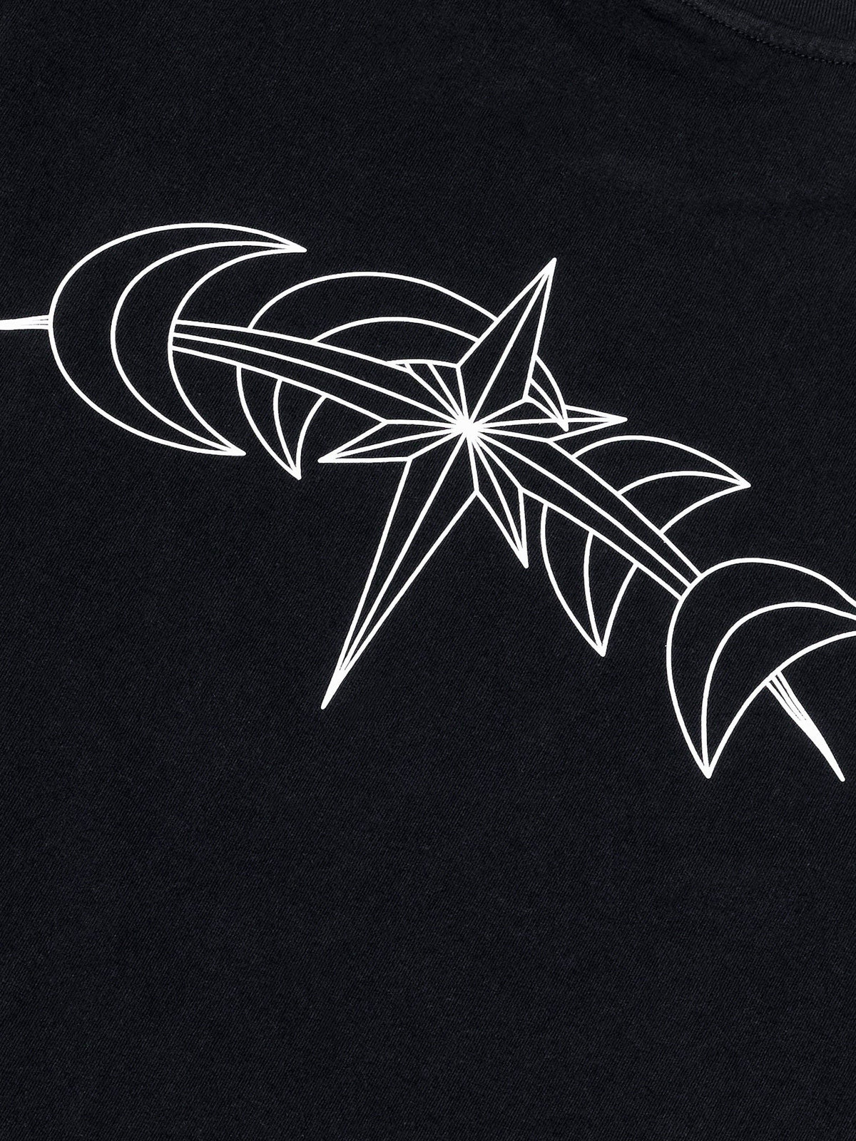 Close-up of the white astral star and crescent back print on black cotton