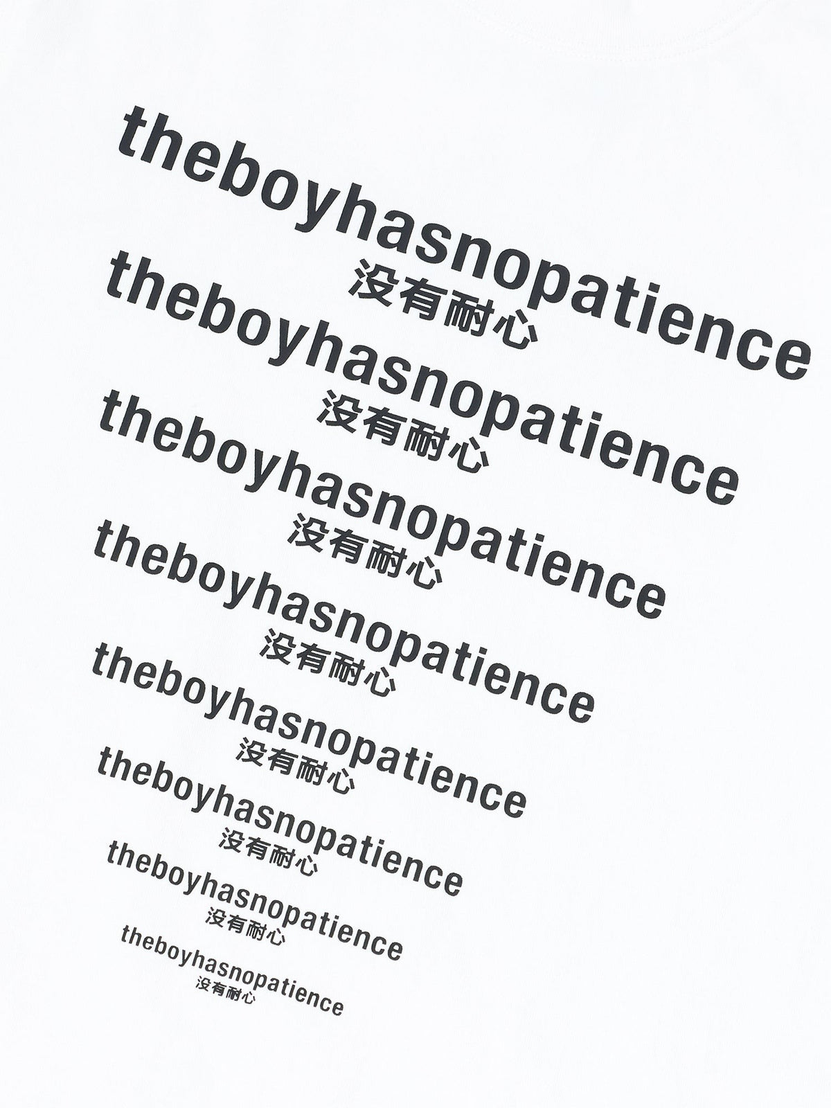 Close-up of black TBHNP and Chinese slogan printing on white cotton