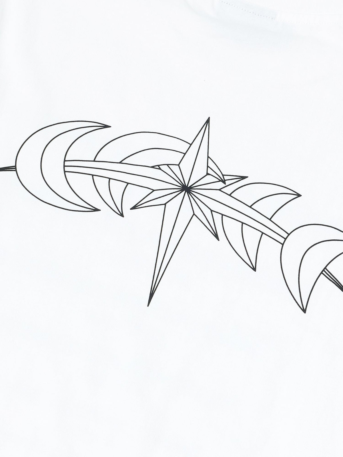 Close-up of the black astral star and crescent back print on white cotton