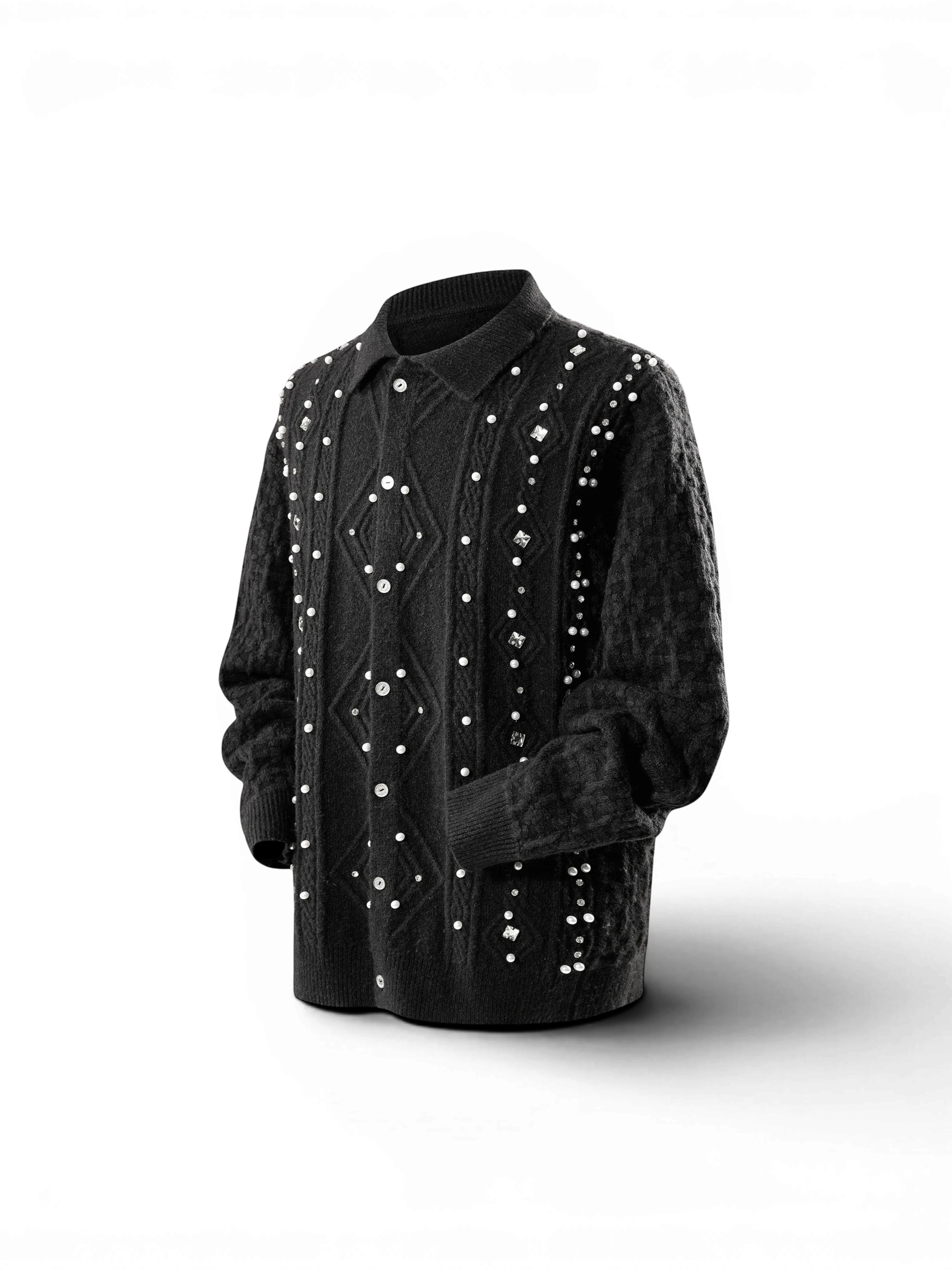 TBHNP Luminous Dawn rhinestone cable-knit cardigan, black — men's streetwear knitwear
