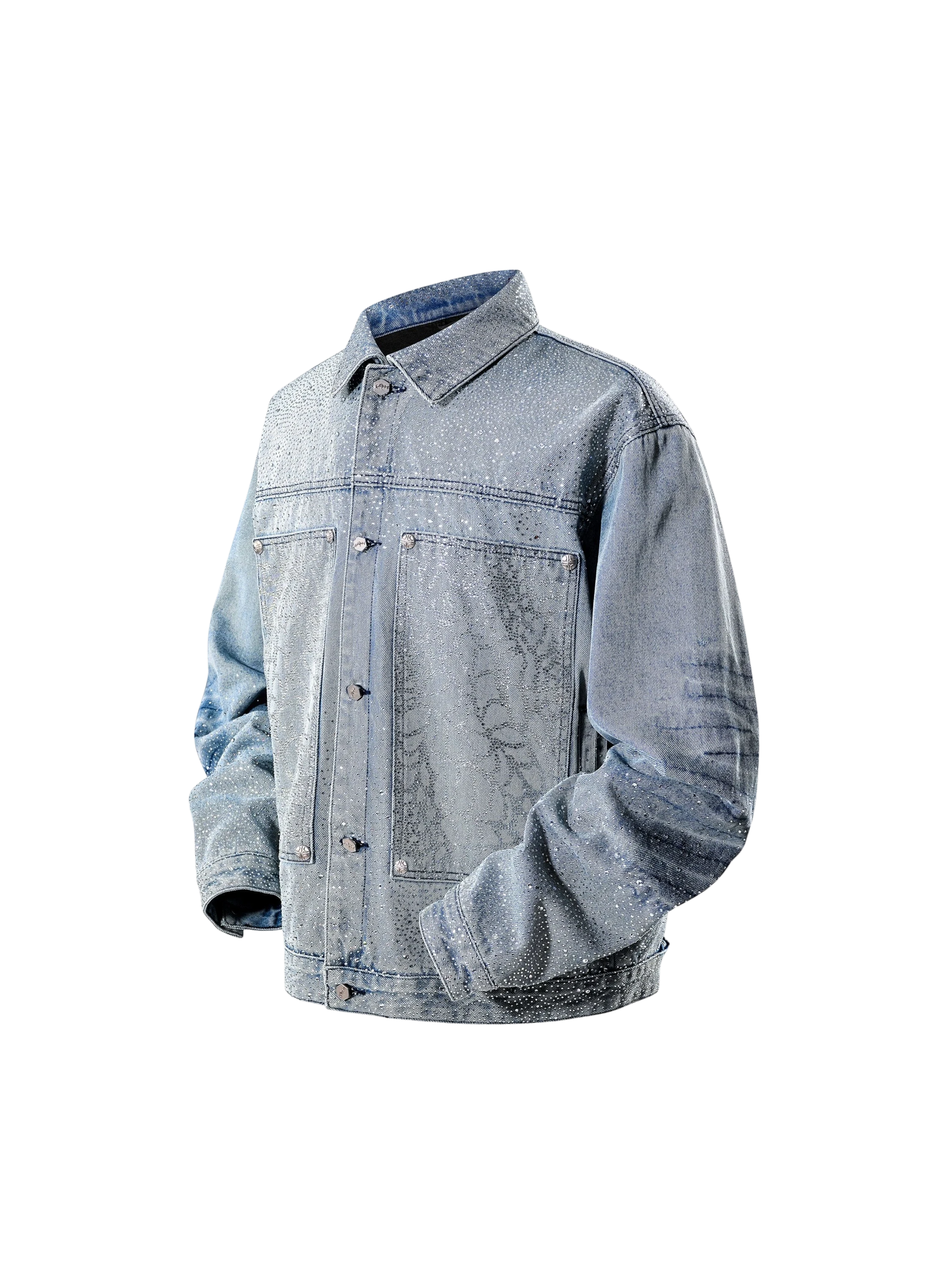 TBHNP Luminous Dawn rhinestone denim trucker jacket, blue — men's streetwear jacket