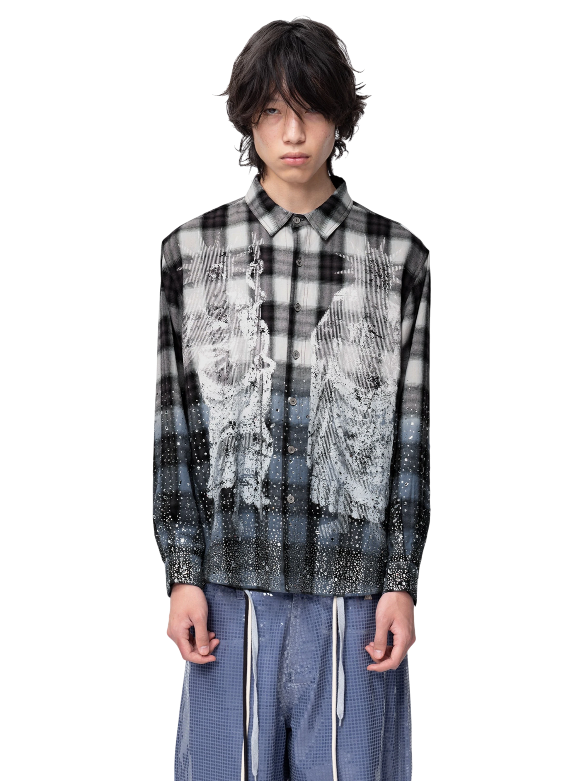 TBHNP Disciple Double Saint rhinestone plaid flannel shirt — men's gothic streetwear button-up