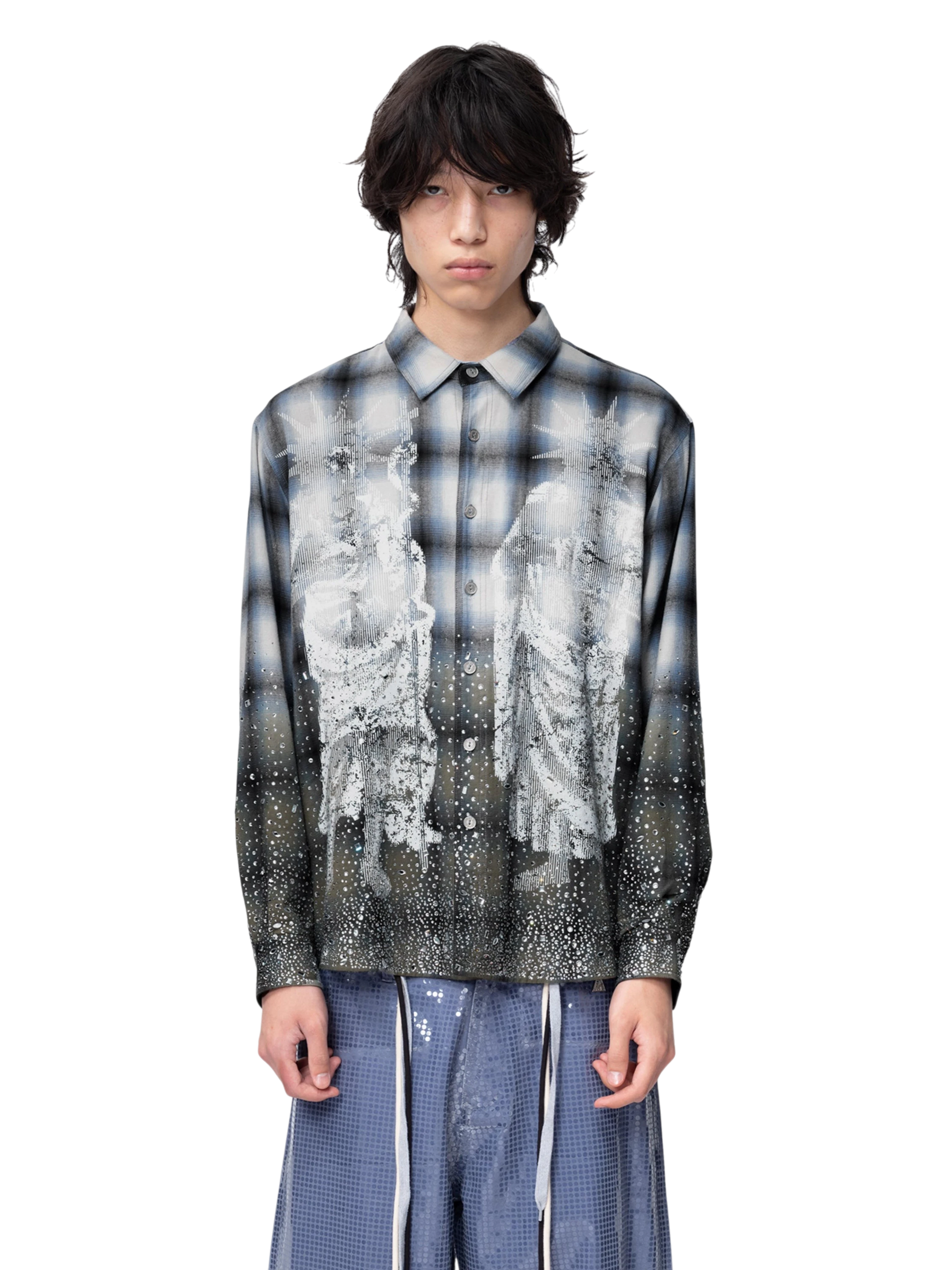 TBHNP Disciple Double Saint rhinestone plaid flannel shirt — men's gothic streetwear button-up