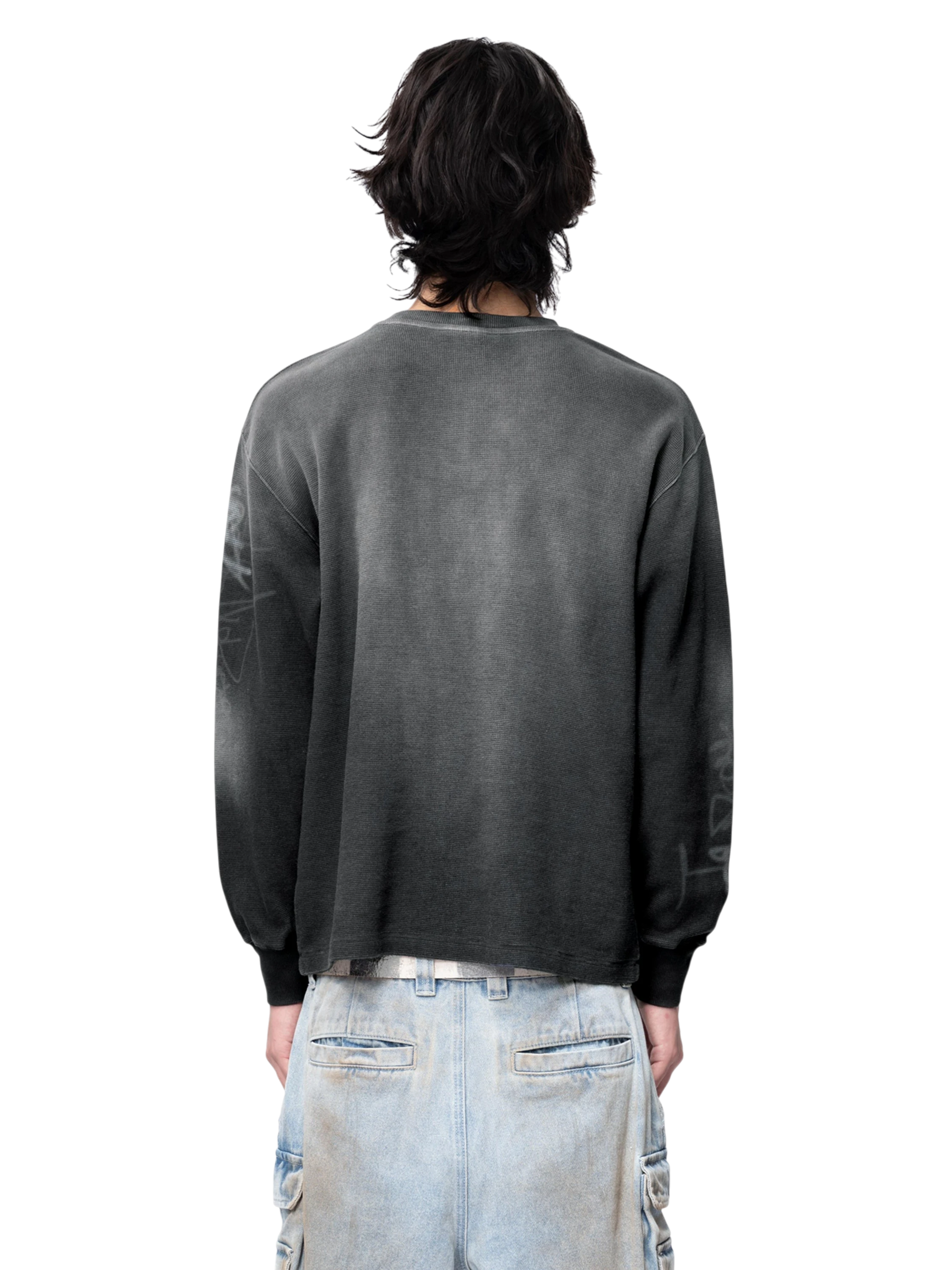 TBHNP Disciple graffiti spray long-sleeve tee, dark grey — men's streetwear graphic tee