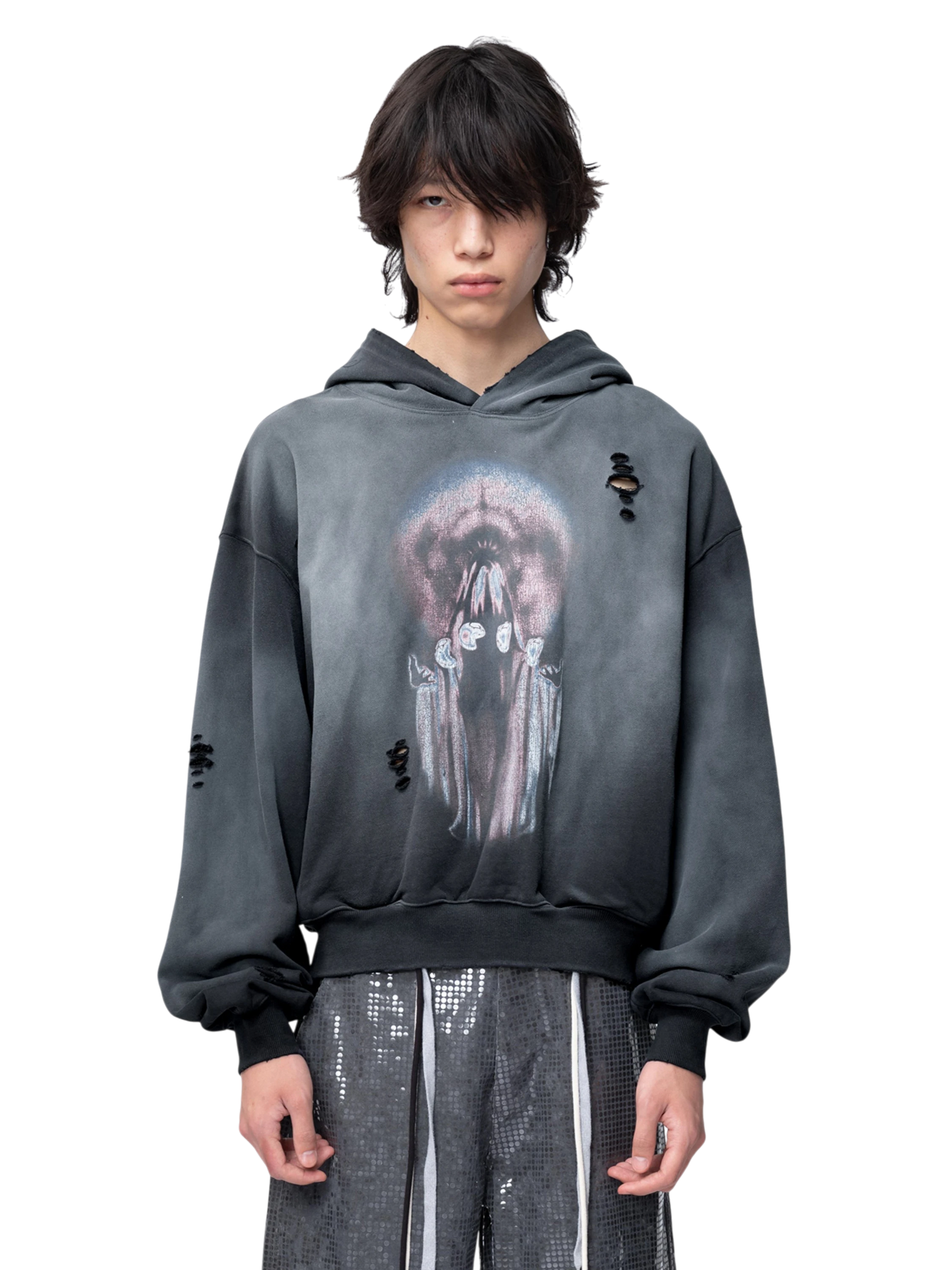 TBHNP Disciple slash-destroyed printed hoodie, blue-grey — men's streetwear hoodie