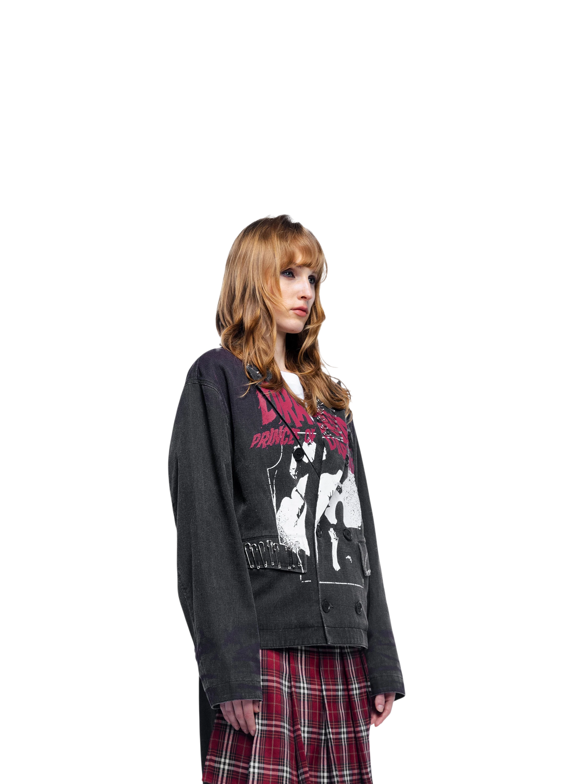 Female model styling TBHNP Prince of Darkness blazer with front print, front — men's streetwear